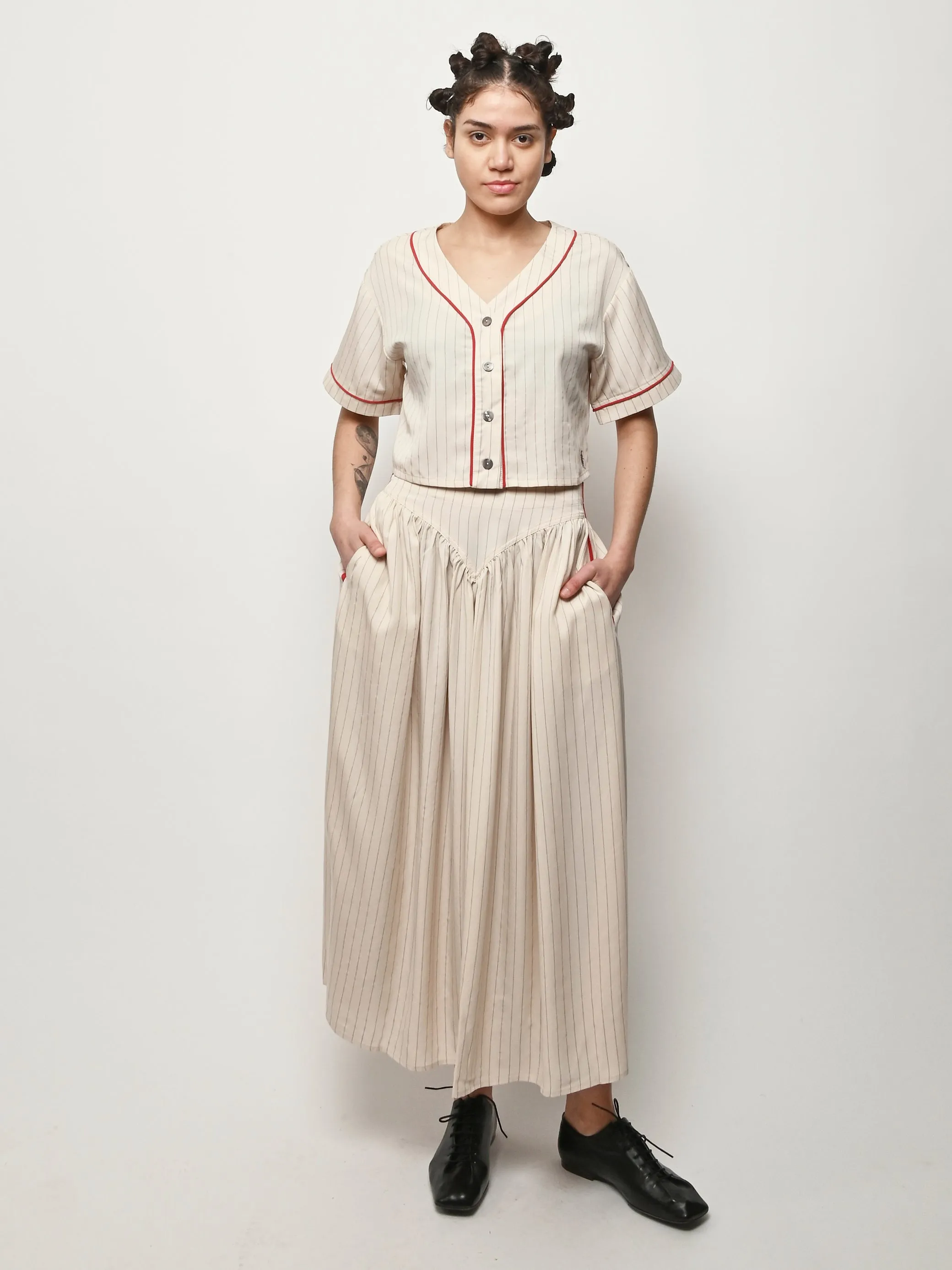 Baseball Stripe Tencel Crop Shirt sold by Frances May Houseline