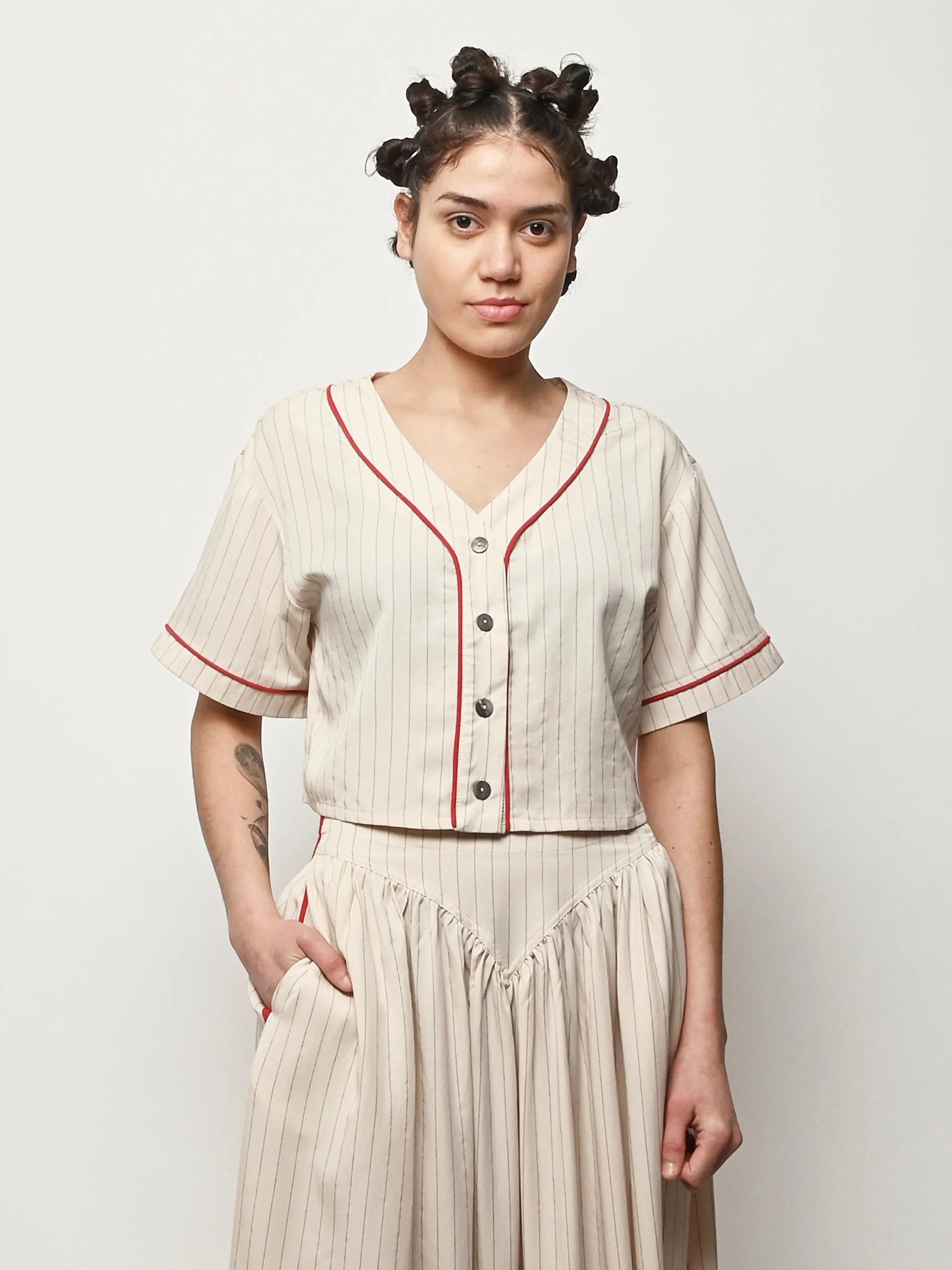 Baseball Stripe Tencel Crop Shirt sold by Frances May Houseline product image thumbnail 2