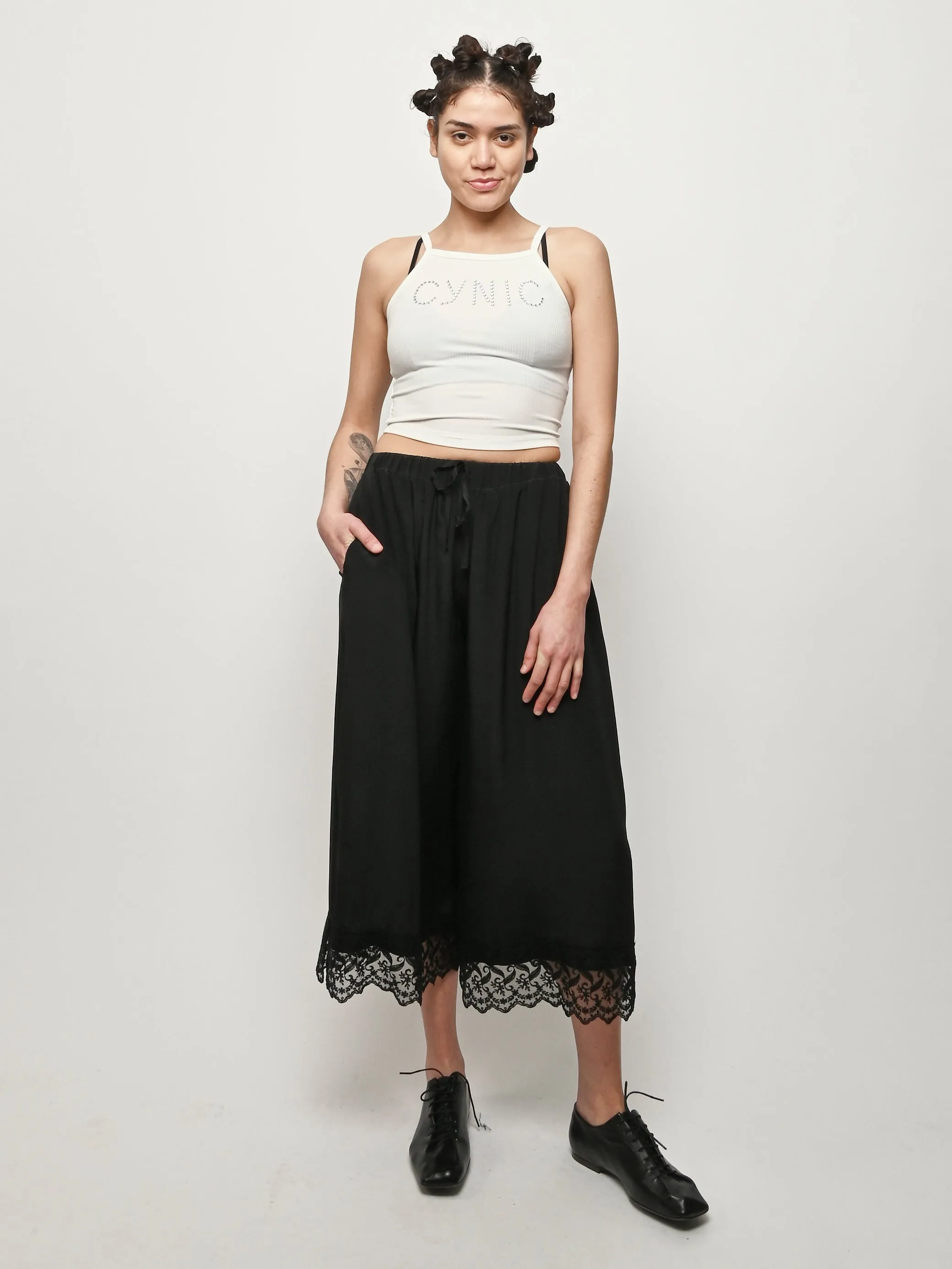 Black Cropped Lace Trim Negligee Trousers sold by Frances May Houseline