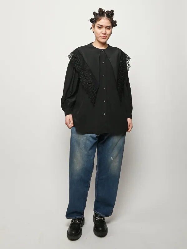 Black Pointed Collar Lace Trim Shirt made by Simone Rocha