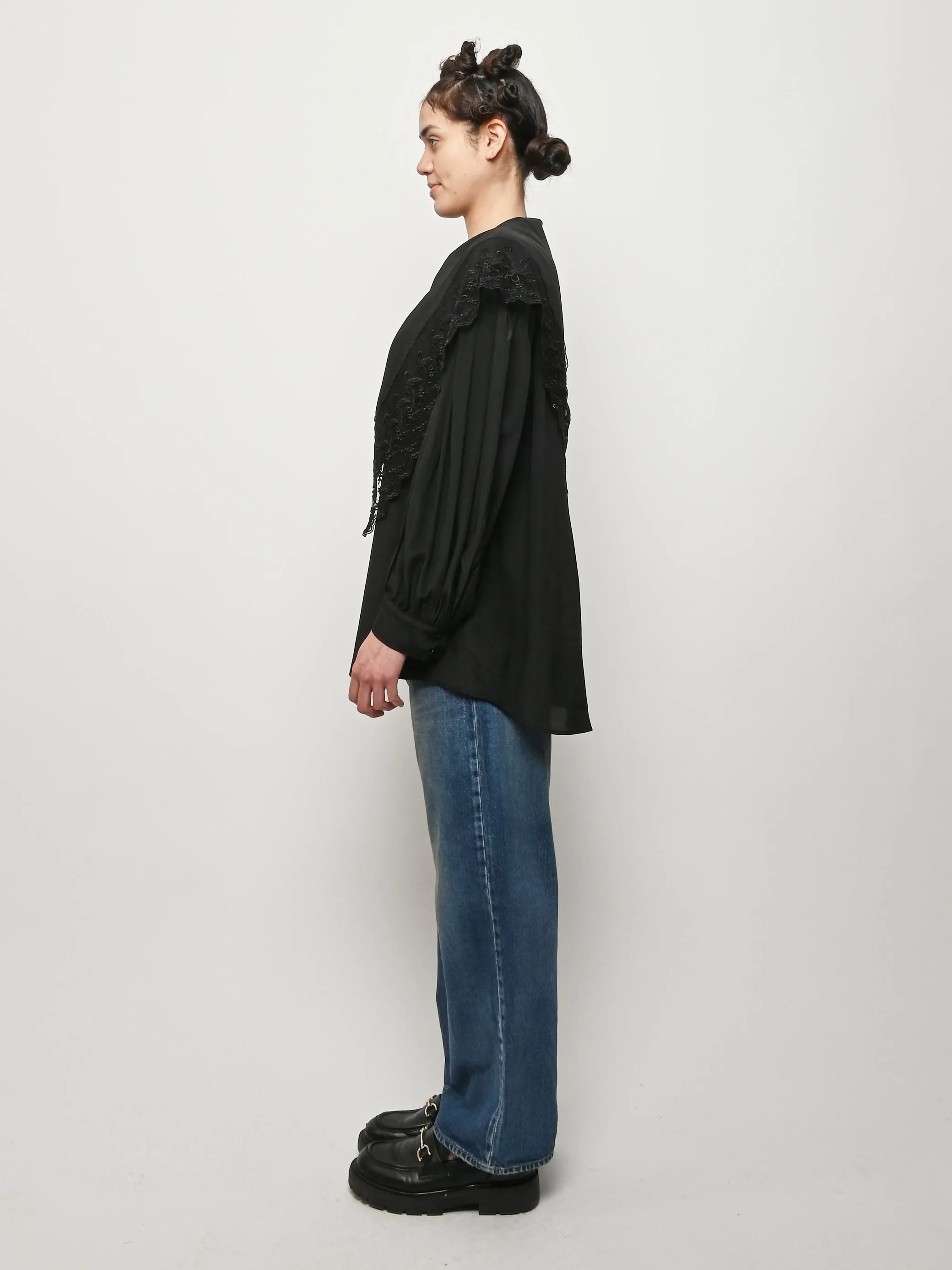 Black Pointed Collar Lace Trim Shirt sold by Frances May Houseline product image thumbnail 4