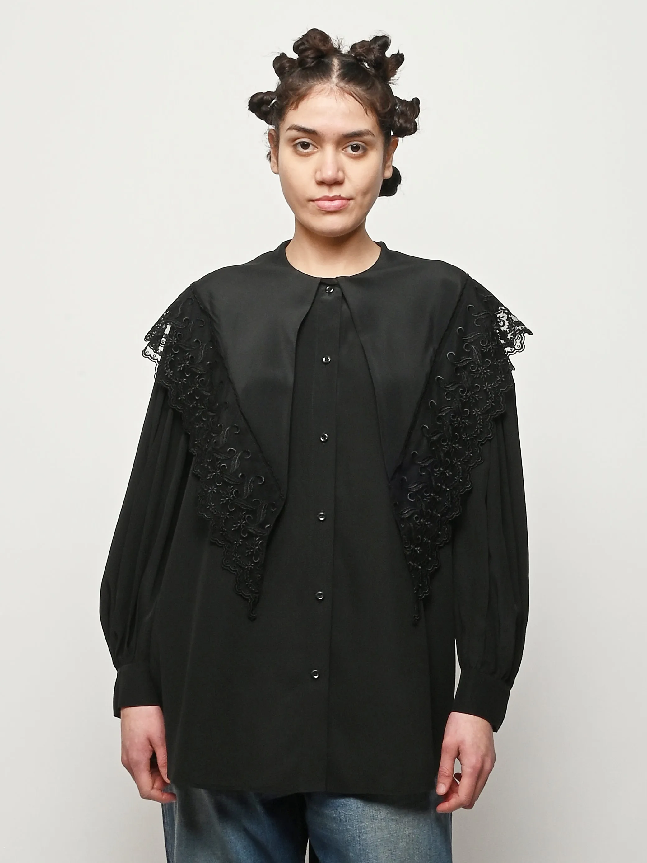 Black Pointed Collar Lace Trim Shirt sold by Frances May Houseline product image thumbnail 2