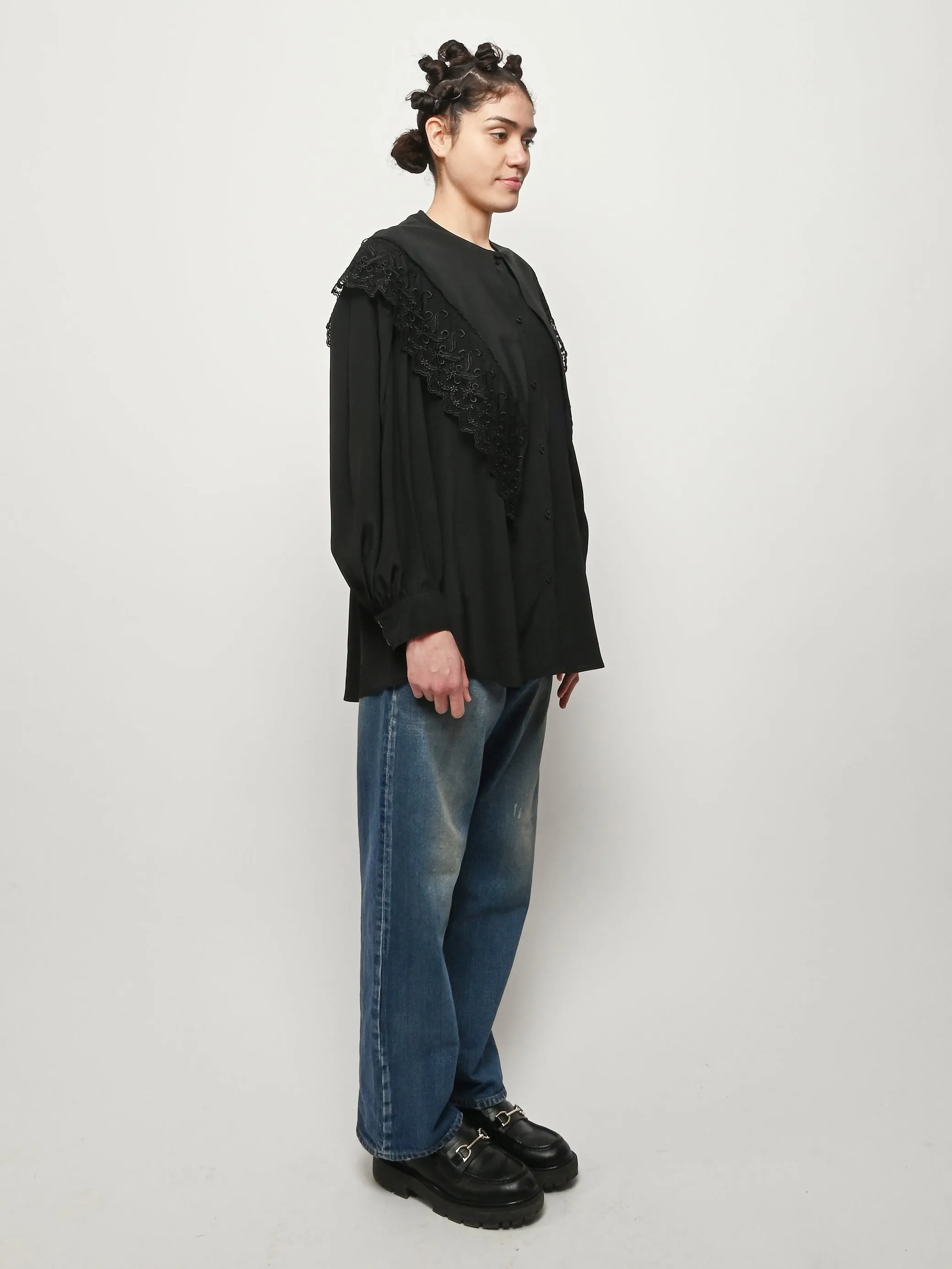 Black Pointed Collar Lace Trim Shirt sold by Frances May Houseline product image thumbnail 5