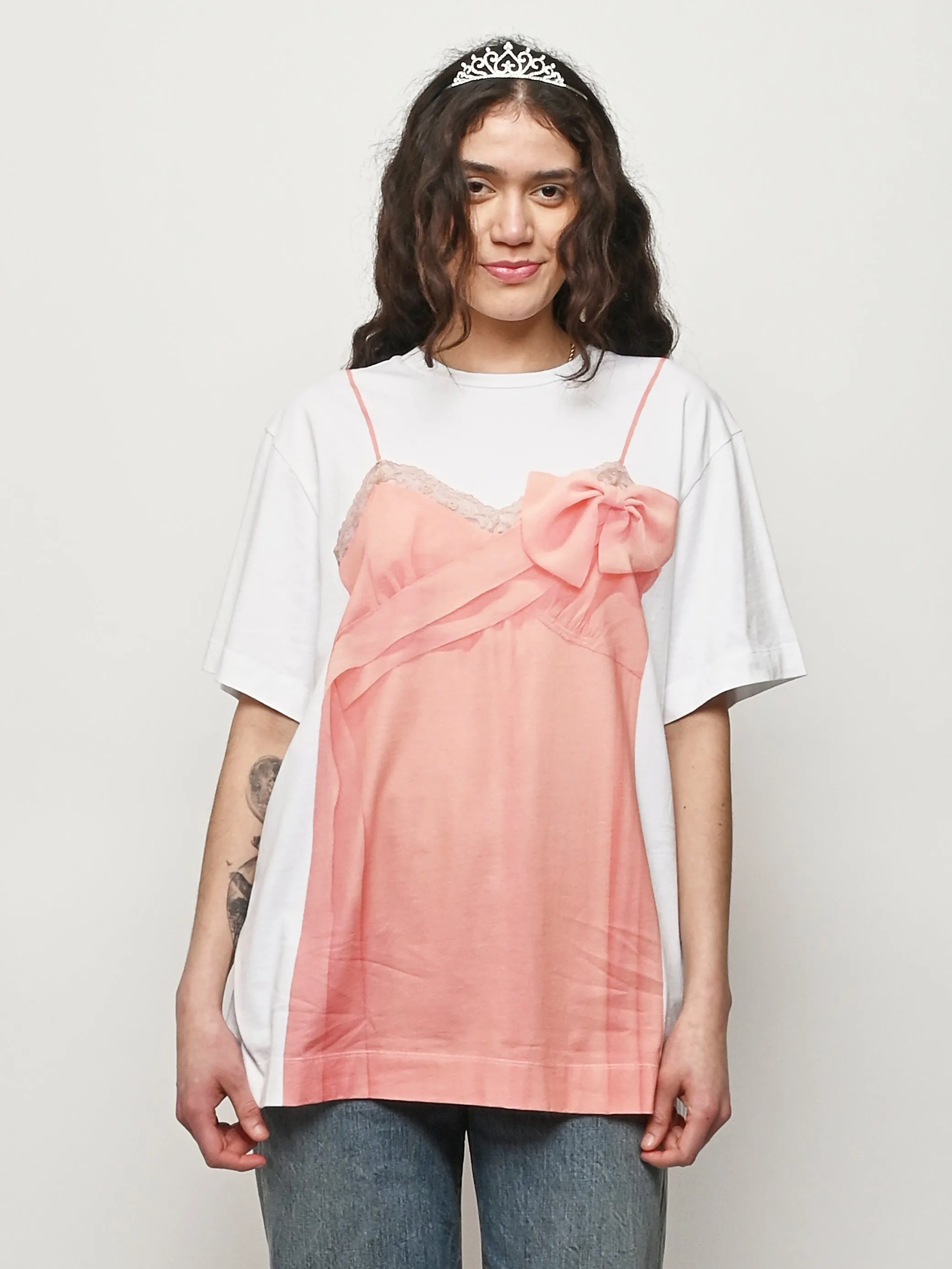White/Clementine Bow Sash Slip Dress Trompe L'Oleil Print T-Shirt sold by Frances May Houseline product image thumbnail 2