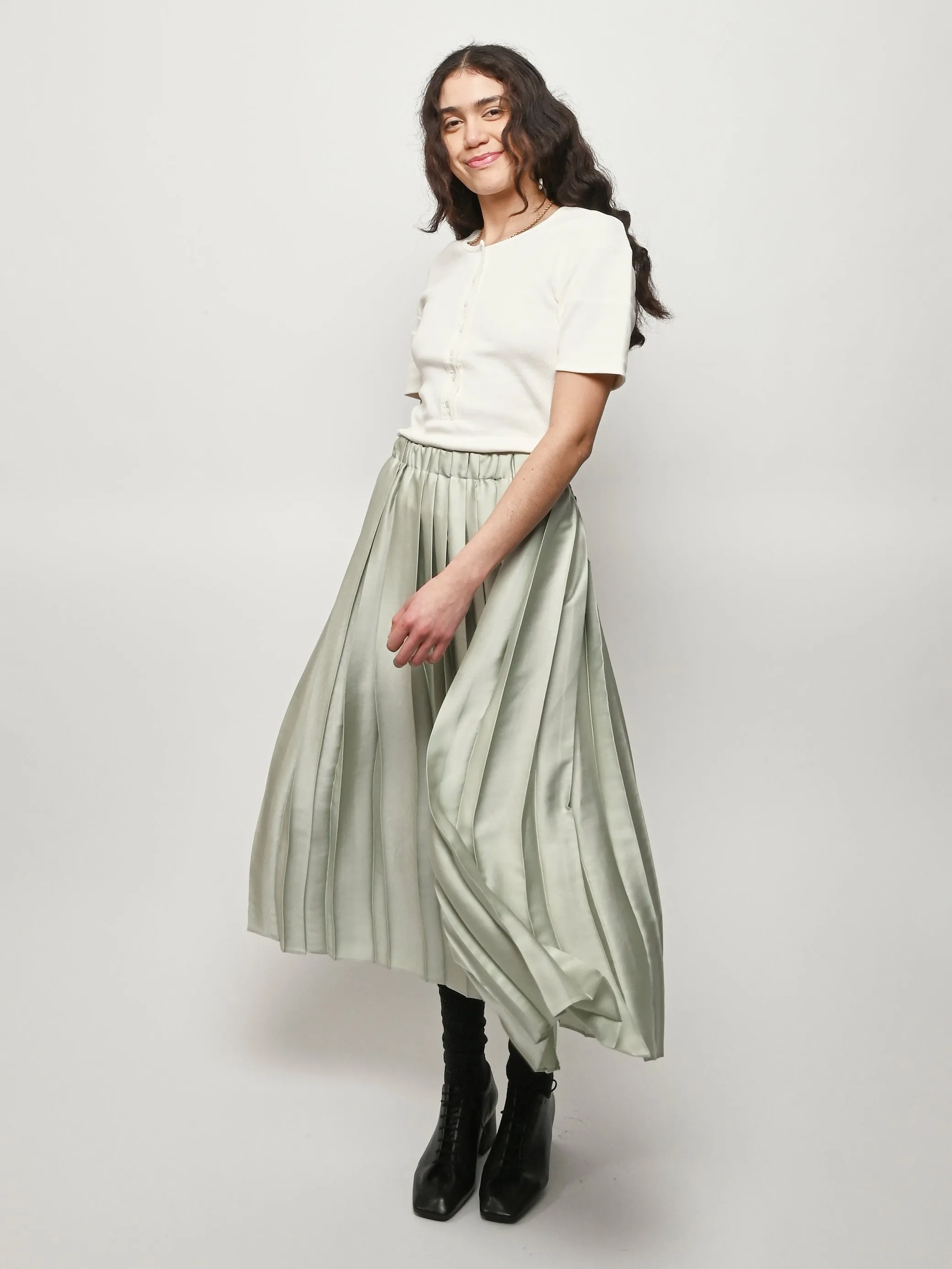 Sage Feather Weight Pleated Pull On Skirt sold by Frances May Houseline