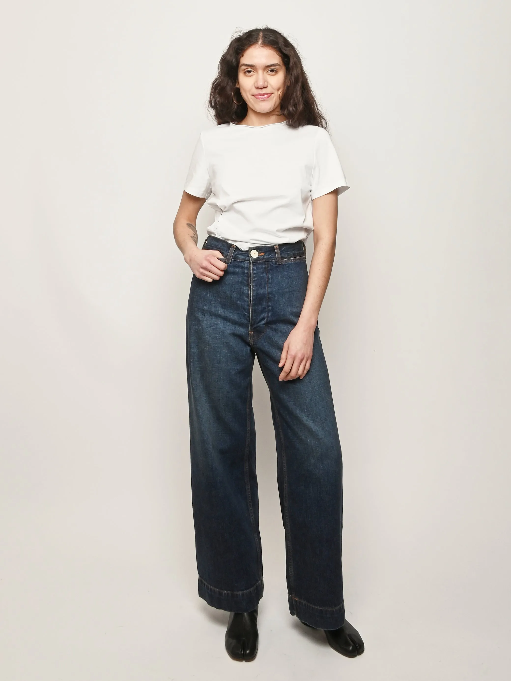 Regenerative Japanese Denim/Medium Roast Sailor Pants sold by Frances May Houseline