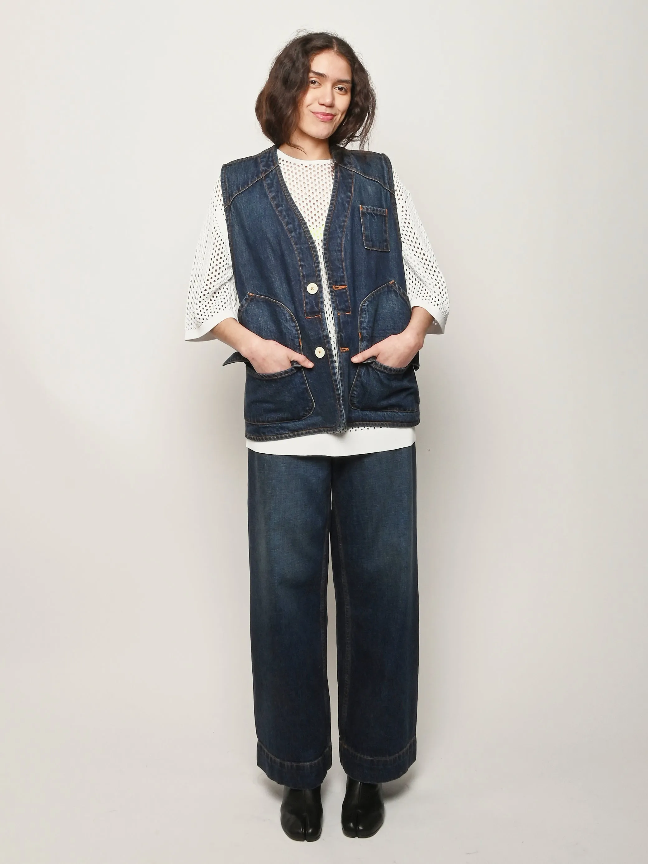 Regenerative Japanese Denim/Medium Roast Director's Vest sold by Frances May Houseline