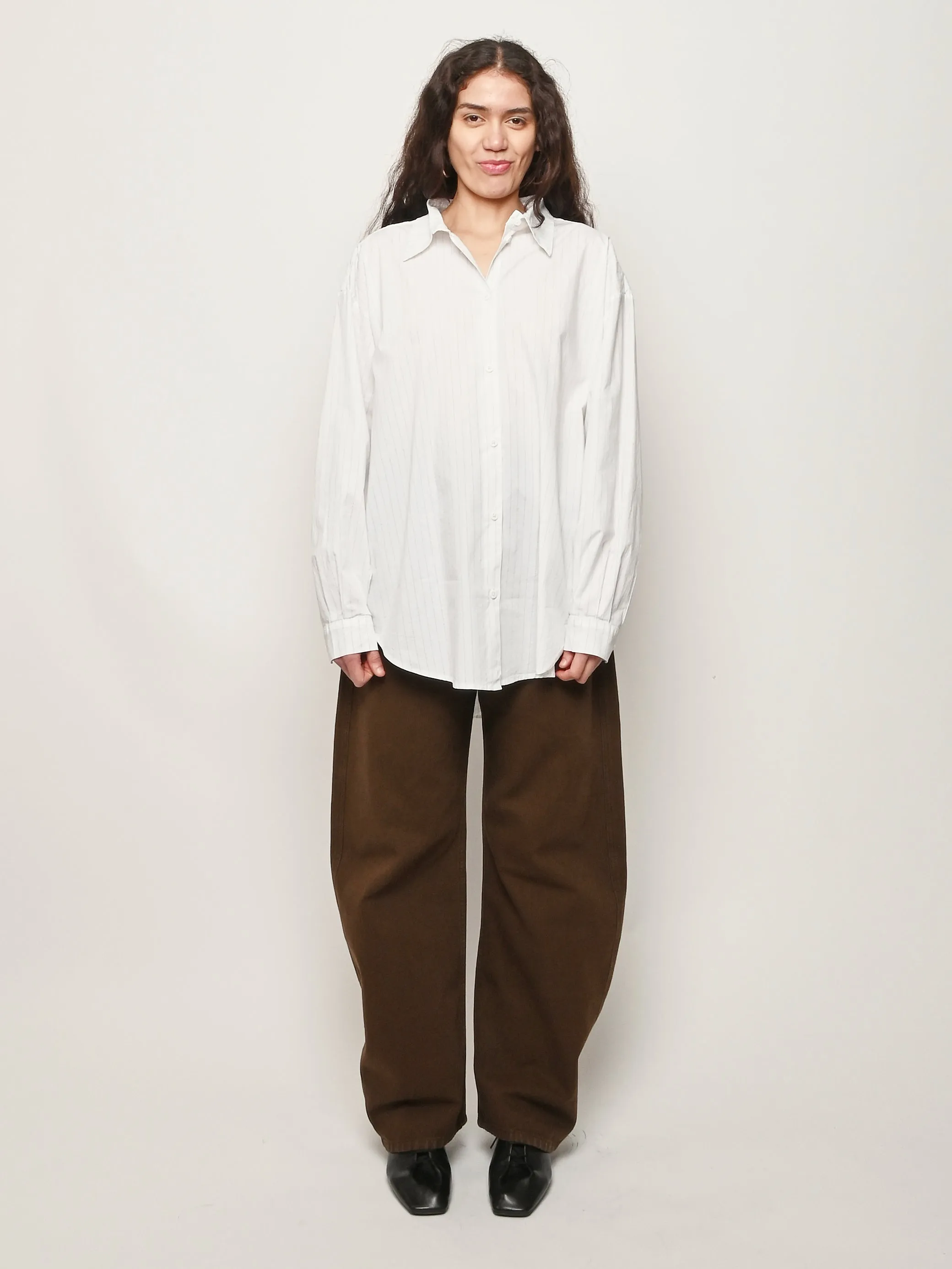 Deadstock Japanese Poplin/White/Fine Grey Pinstripe Alberta Shirt sold by Frances May Houseline