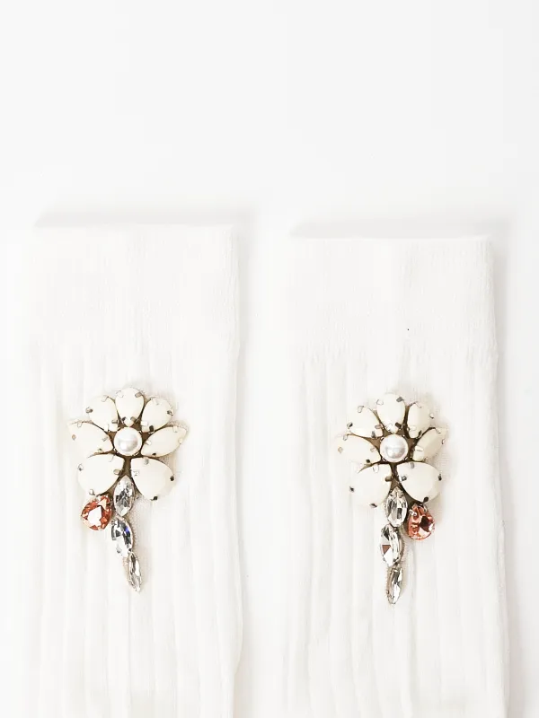 Ivory/Opaque/Clear Poppy Crystal Flower Ribbed Ankle Socks made by Simone Rocha