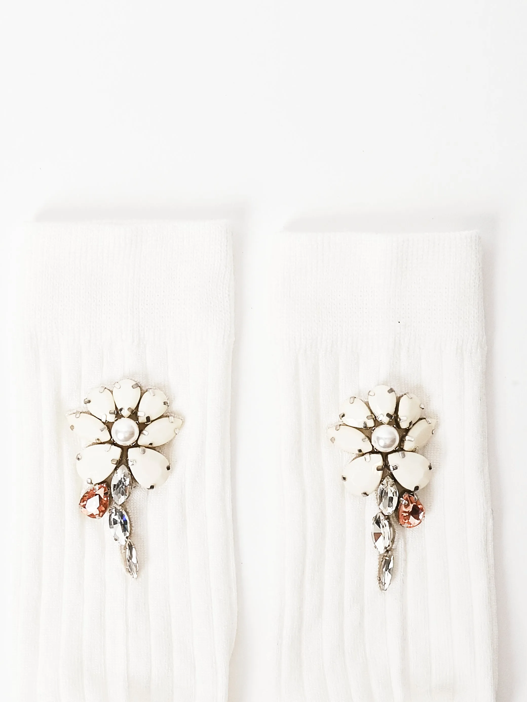 Ivory/Opaque/Clear Poppy Crystal Flower Ribbed Ankle Socks sold by Frances May Houseline