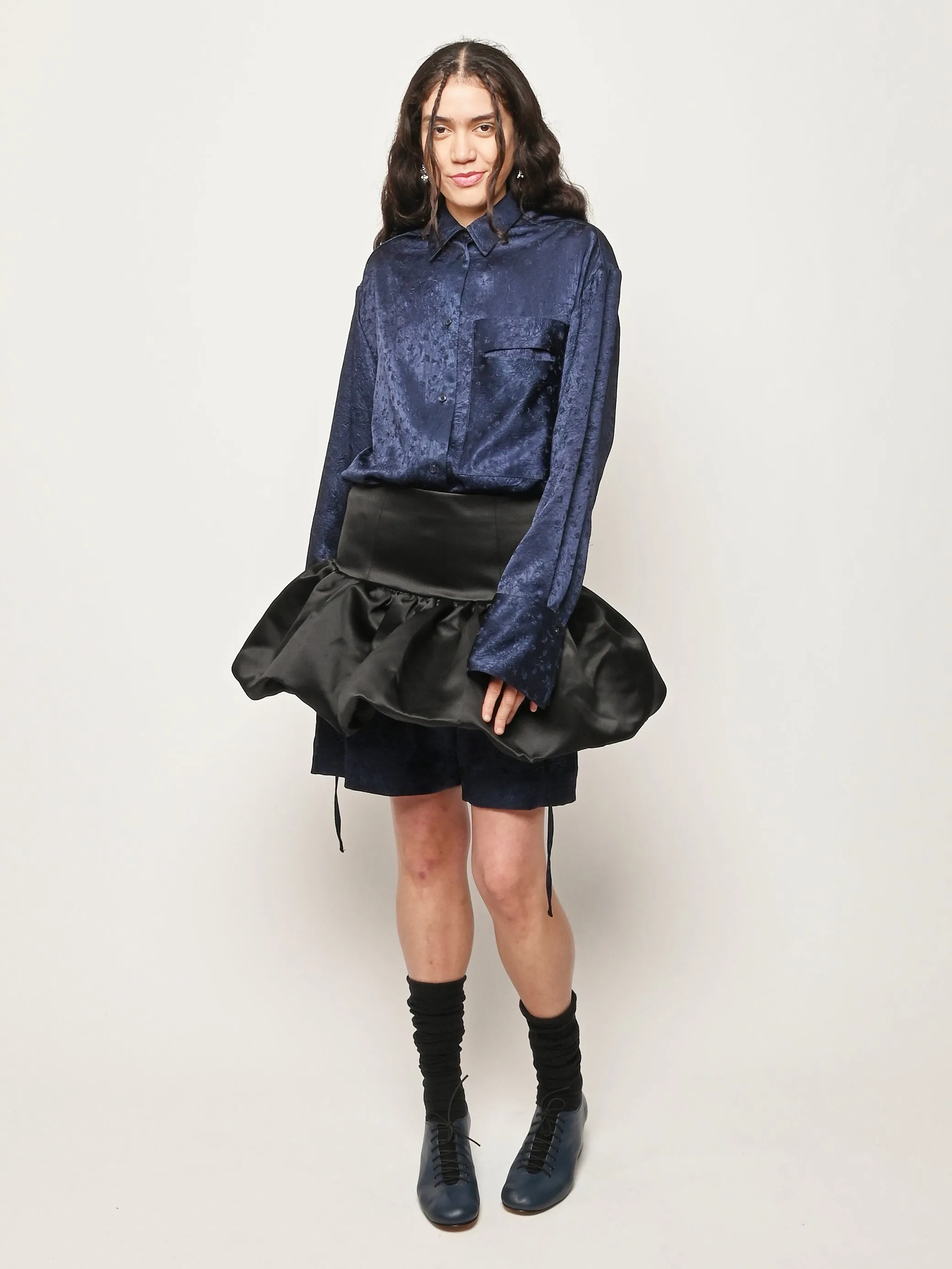 Black Duchesse Satin Mini Skirt sold by Frances May Houseline