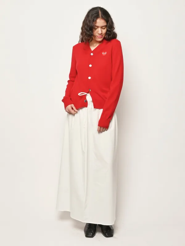 Red W/Red Emblem Knit V-Neck Cardigan made by Comme des Garcons PLAY