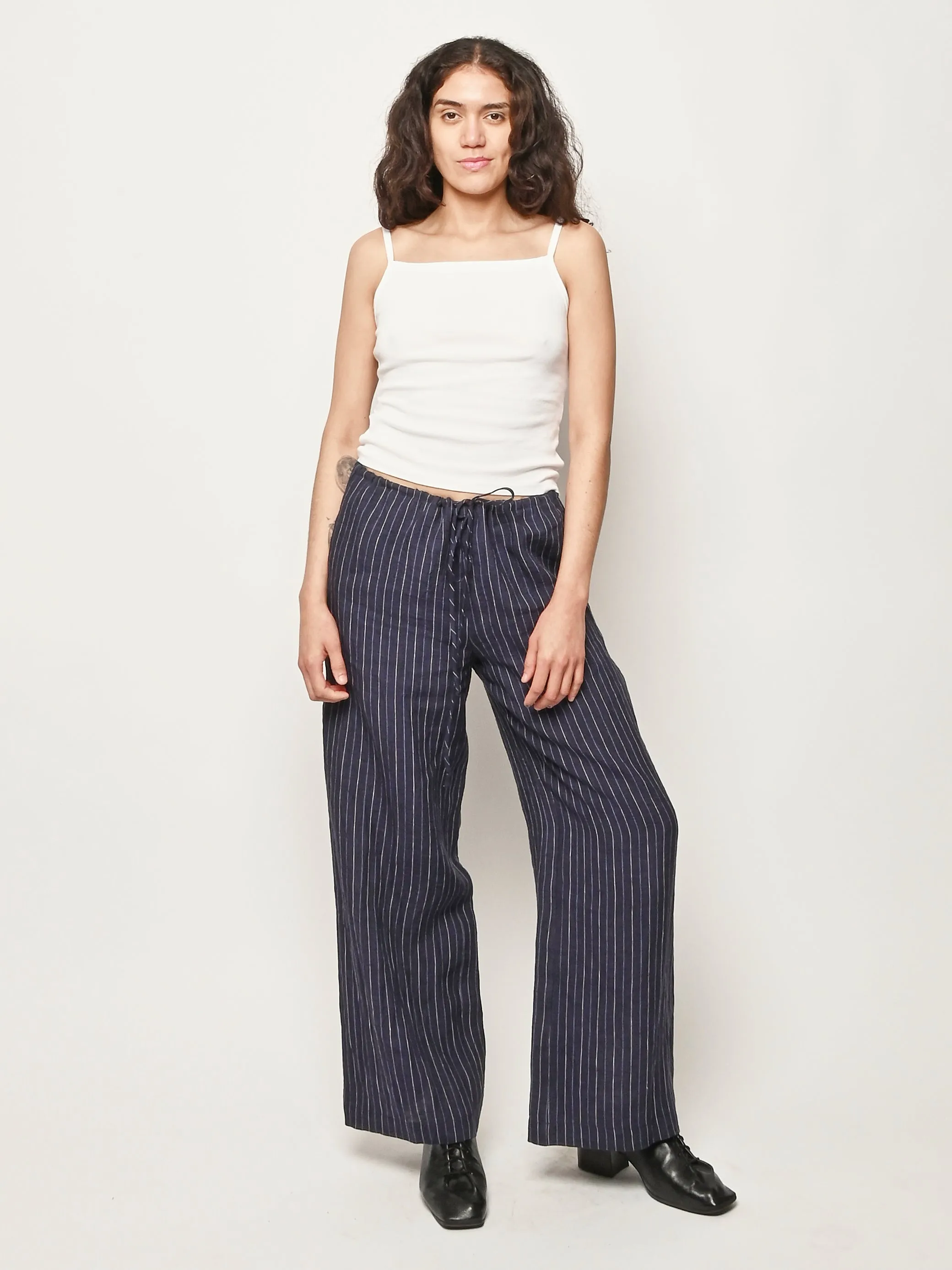 Navy Pinstripe Mina Pants sold by Frances May Houseline