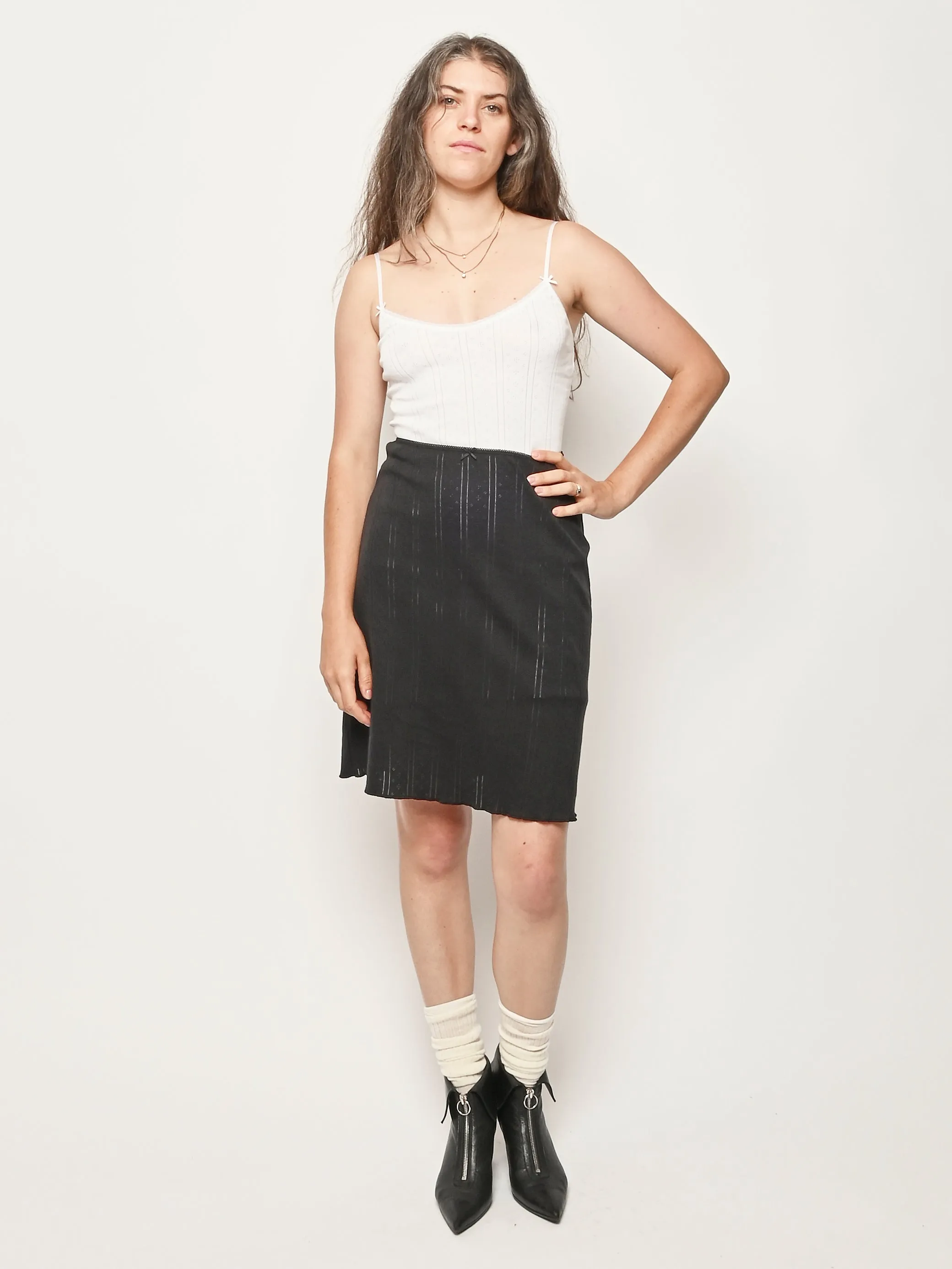 Black Pointelle The Slip Skirt sold by Frances May Houseline