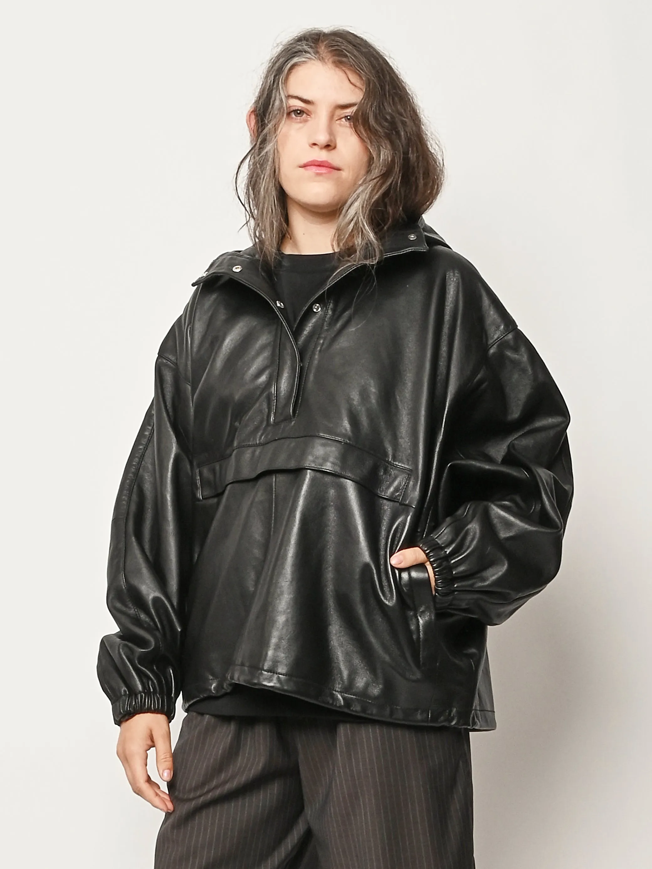 Black Leather Oversized Anorak sold by Frances May Houseline product image thumbnail 2