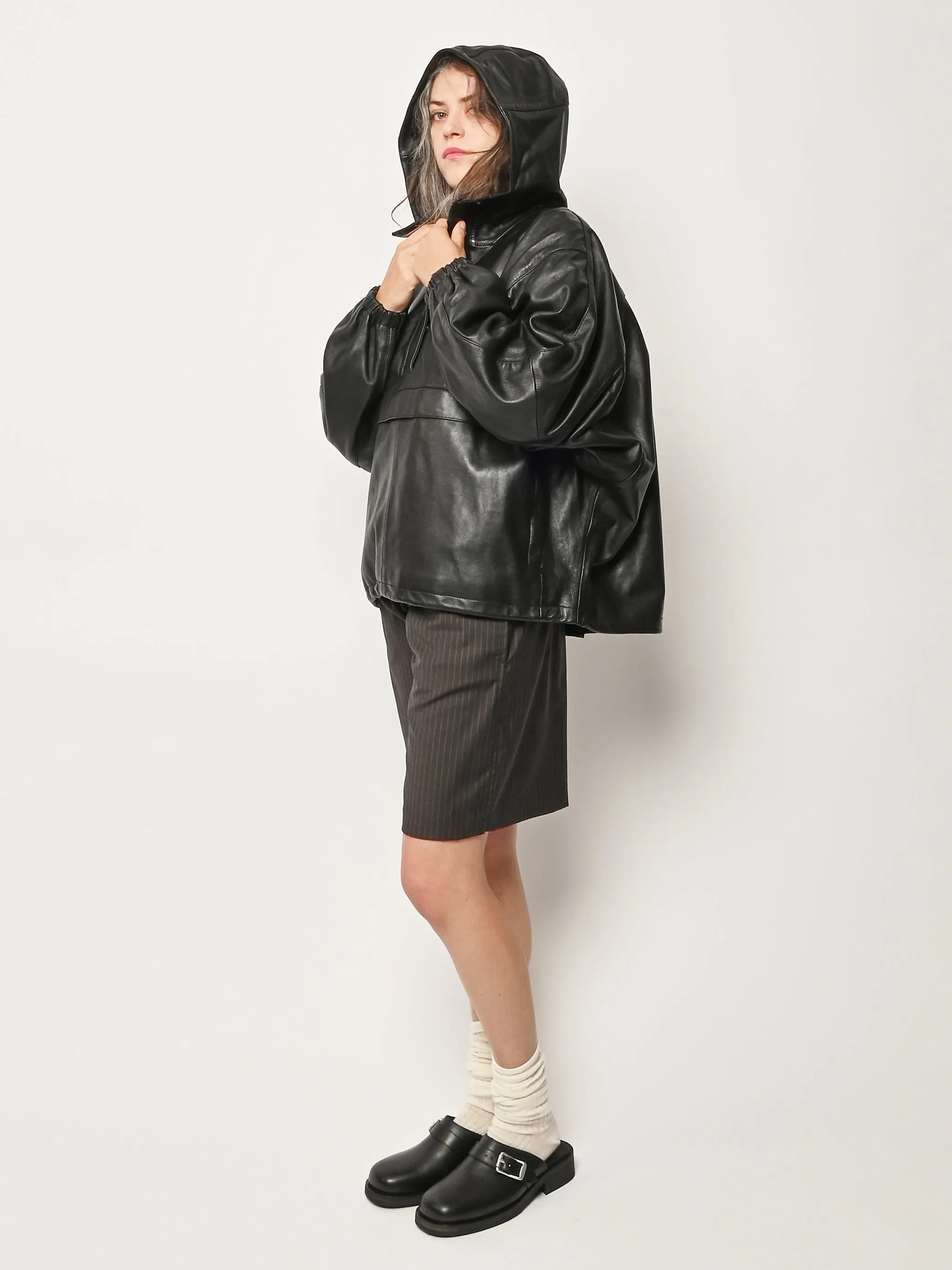 Black Leather Oversized Anorak sold by Frances May Houseline