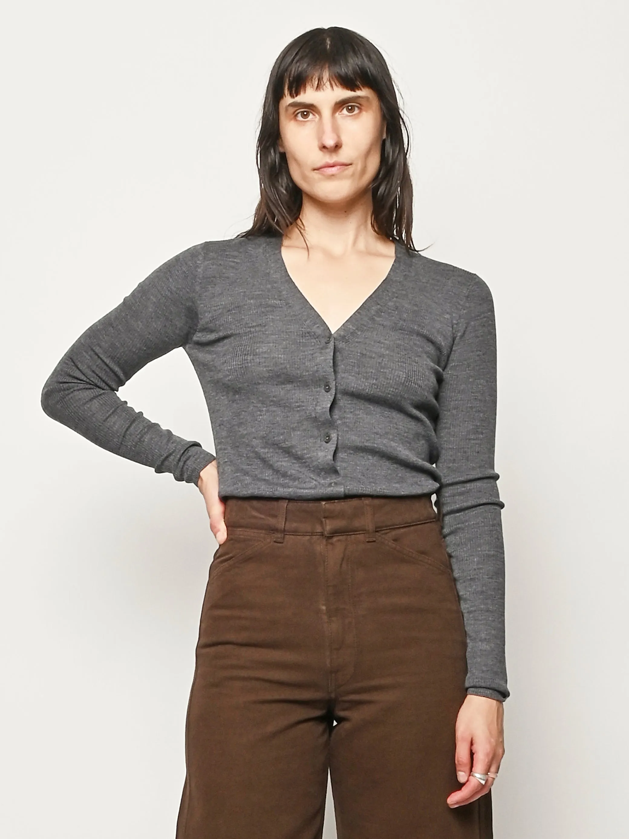 Charcoal Grey Feather Weight Ribbed Vneck Slim Cardigan sold by Frances May Houseline product image thumbnail 2