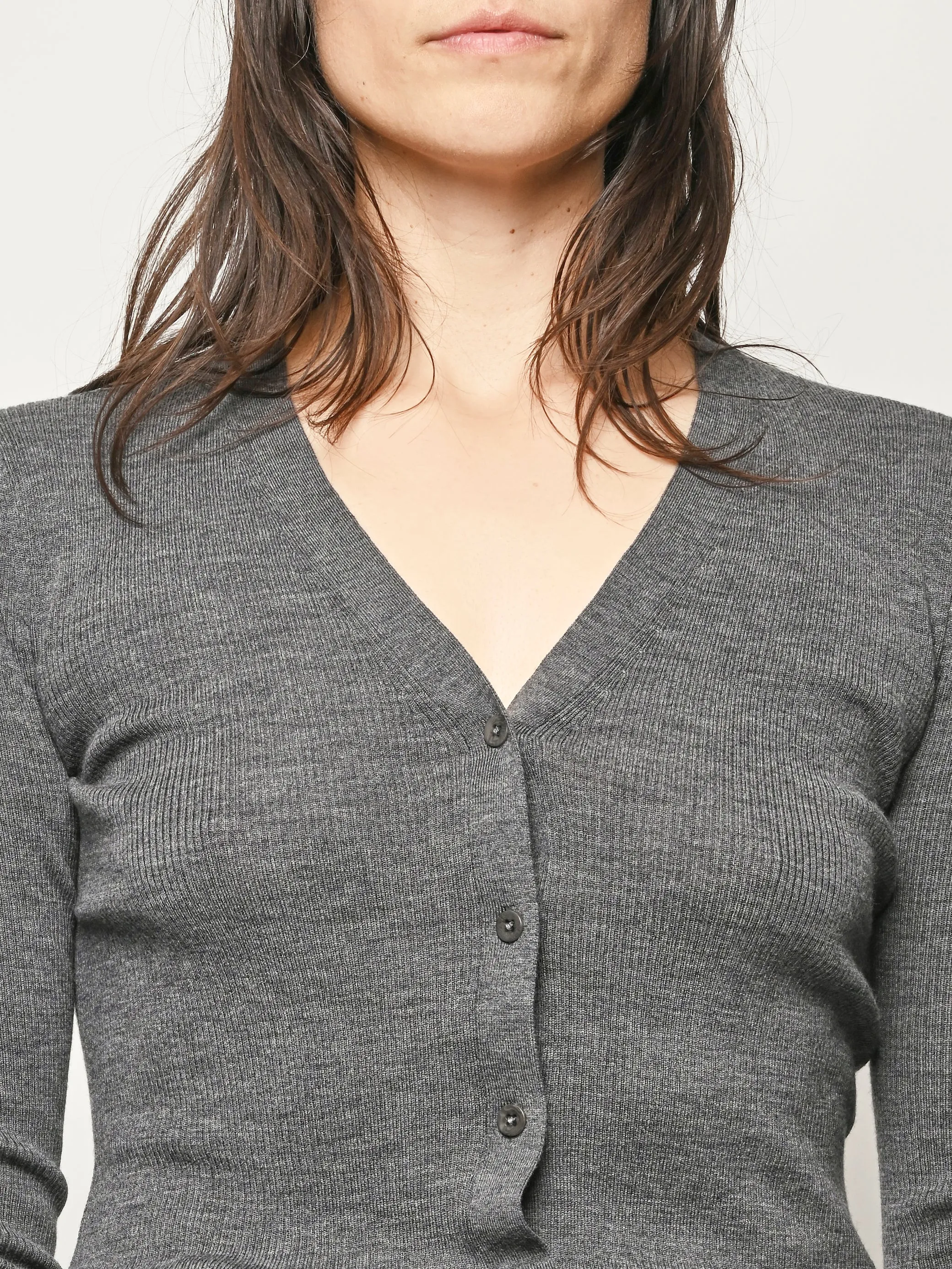 Charcoal Grey Feather Weight Ribbed Vneck Slim Cardigan sold by Frances May Houseline product image thumbnail 3