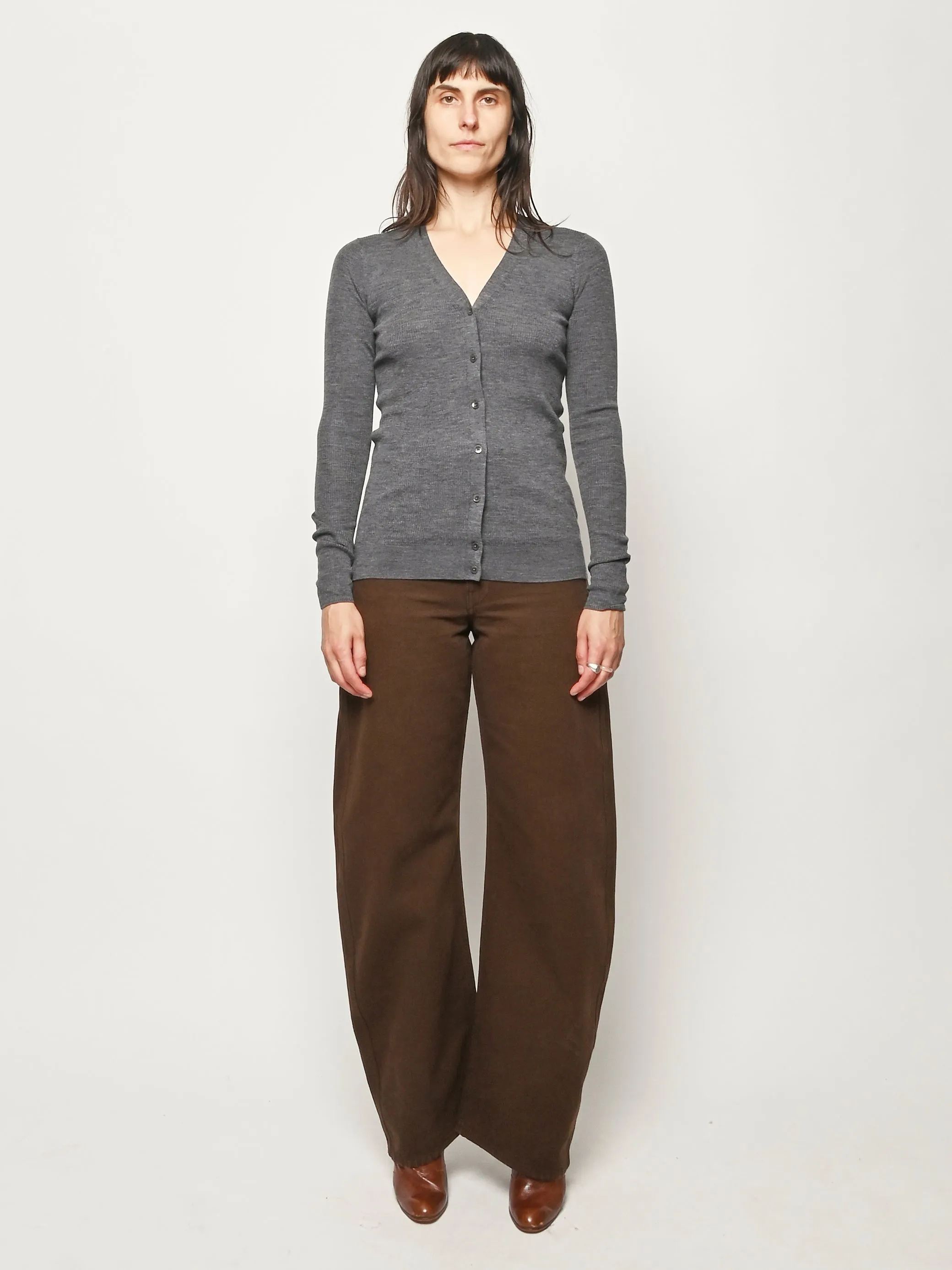 Charcoal Grey Feather Weight Ribbed Vneck Slim Cardigan sold by Frances May Houseline
