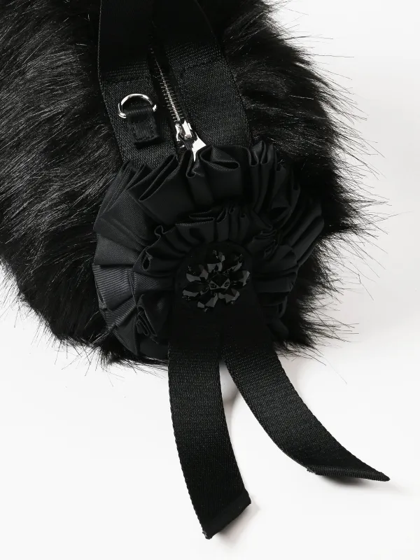 Black Mini Faux Fur Double Ribbon Rosette Bag W/ Emb made by Simone Rocha