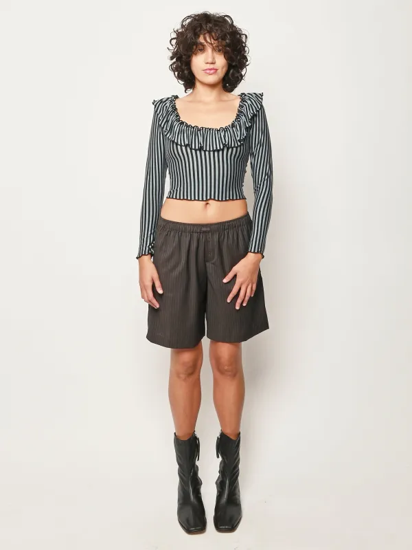 Blue Stripe Ruffled Scoop Neck L/S Top made by Fashion Brand Company