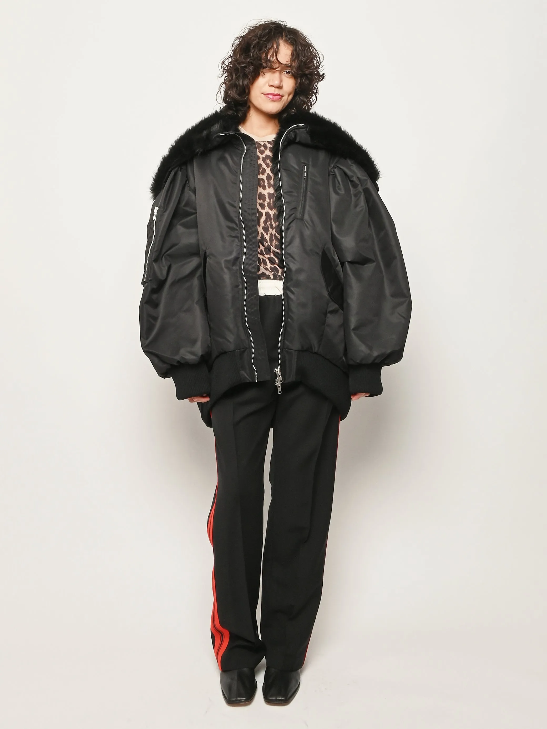 Black Oversized Split Faux Fur Hood Bomber Jacket sold by Frances May Houseline