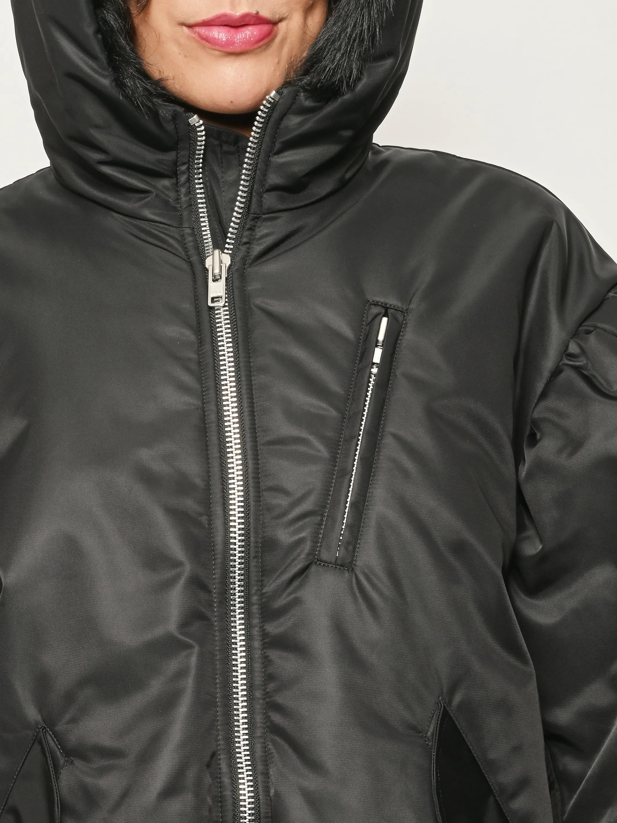 Black Oversized Split Faux Fur Hood Bomber Jacket sold by Frances May Houseline product image thumbnail 4