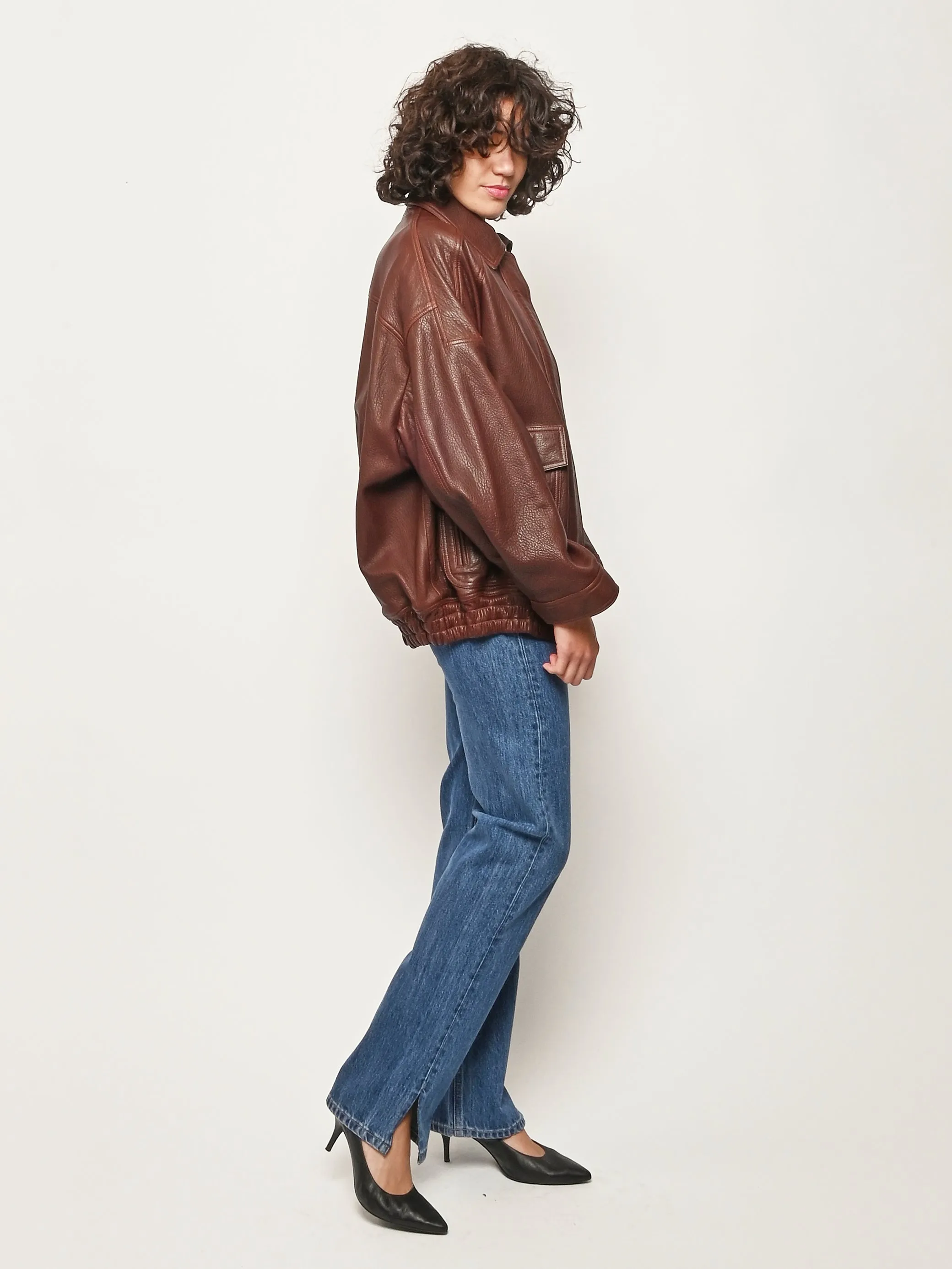 Chestnut Grain Leather Aviator Jacket sold by Frances May Houseline