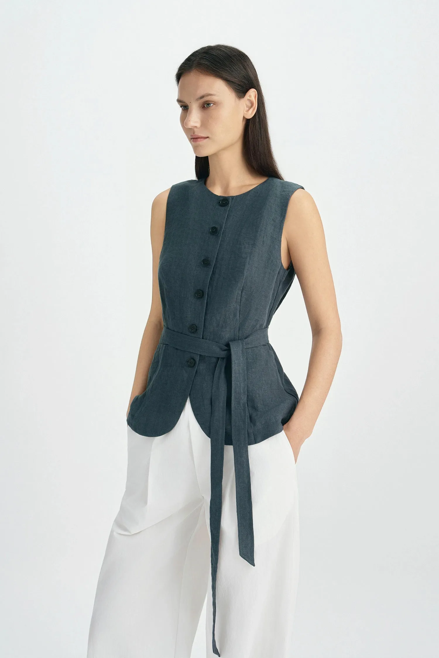 Vienté Button Front Tie Waist Top sold by Rue Sophie product image thumbnail 4