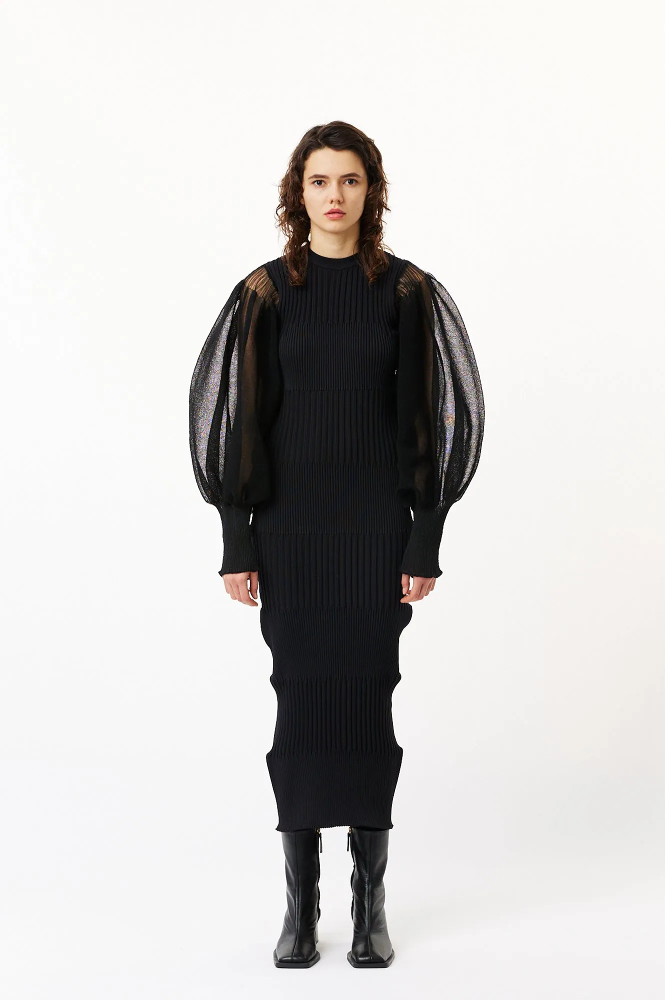 FLUTED LUCENT GLITTER LONG PUFF SLEEVE DRESS sold by CFCL Womens product image thumbnail 4