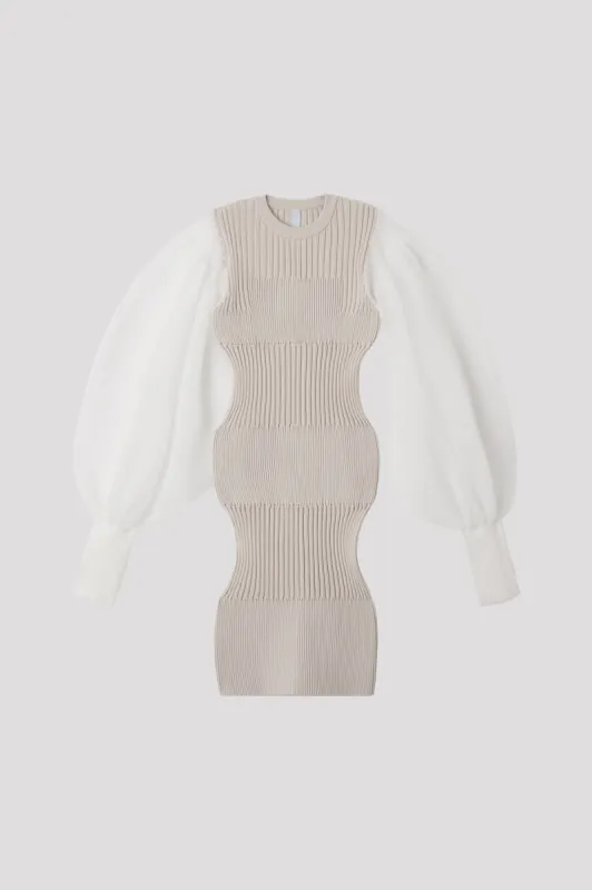 FLUTED LUCENT GLITTER LONG PUFF SLEEVE MINI DRESS made by CFCL Womens