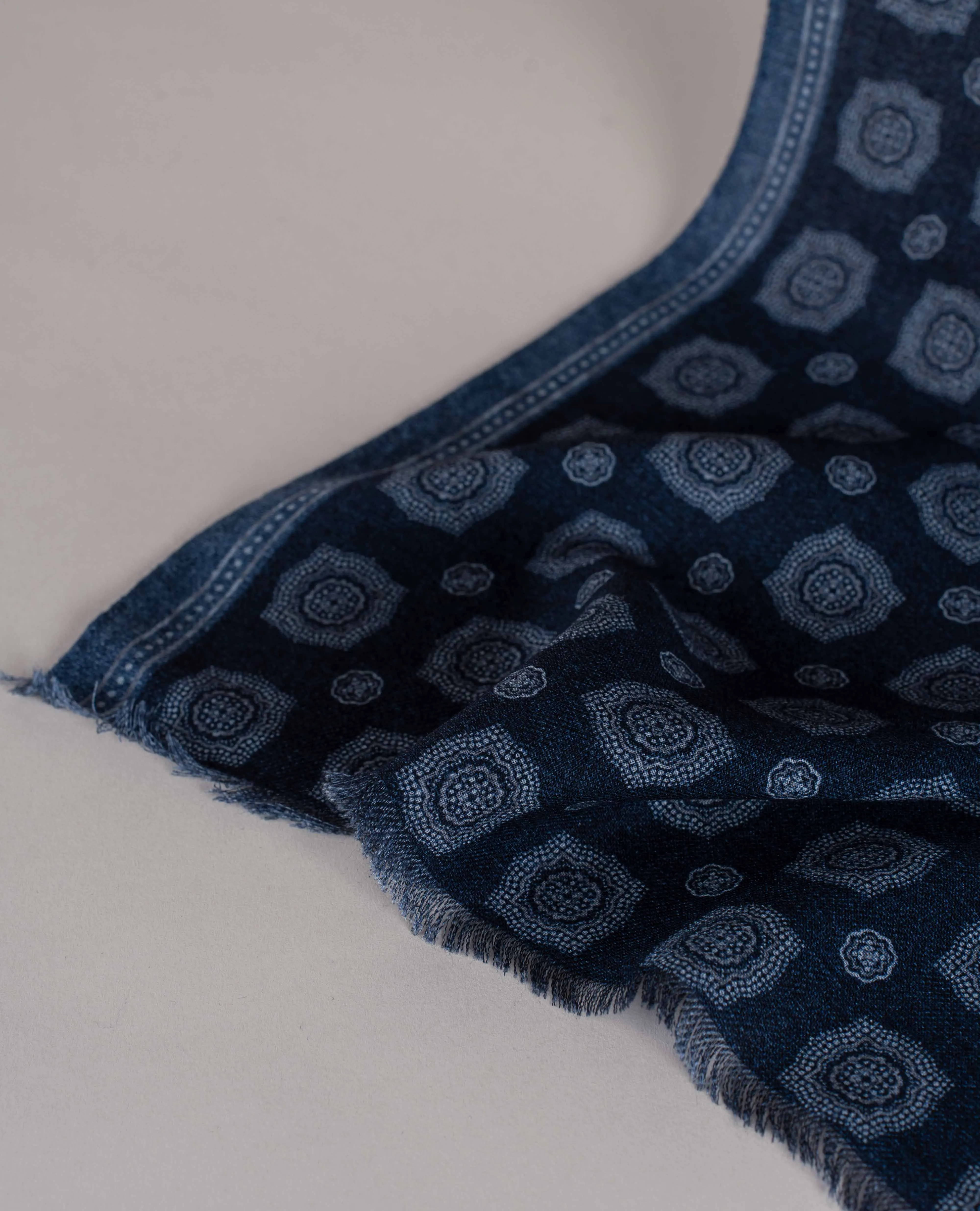 Wool Printed Scarf - Navy Blue Melange Medallion Print sold by Paolo Albizzati product image thumbnail 3