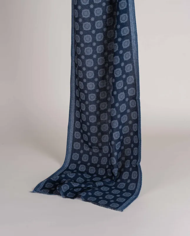 Wool Printed Scarf - Navy Blue Melange Medallion Print sold by Paolo Albizzati