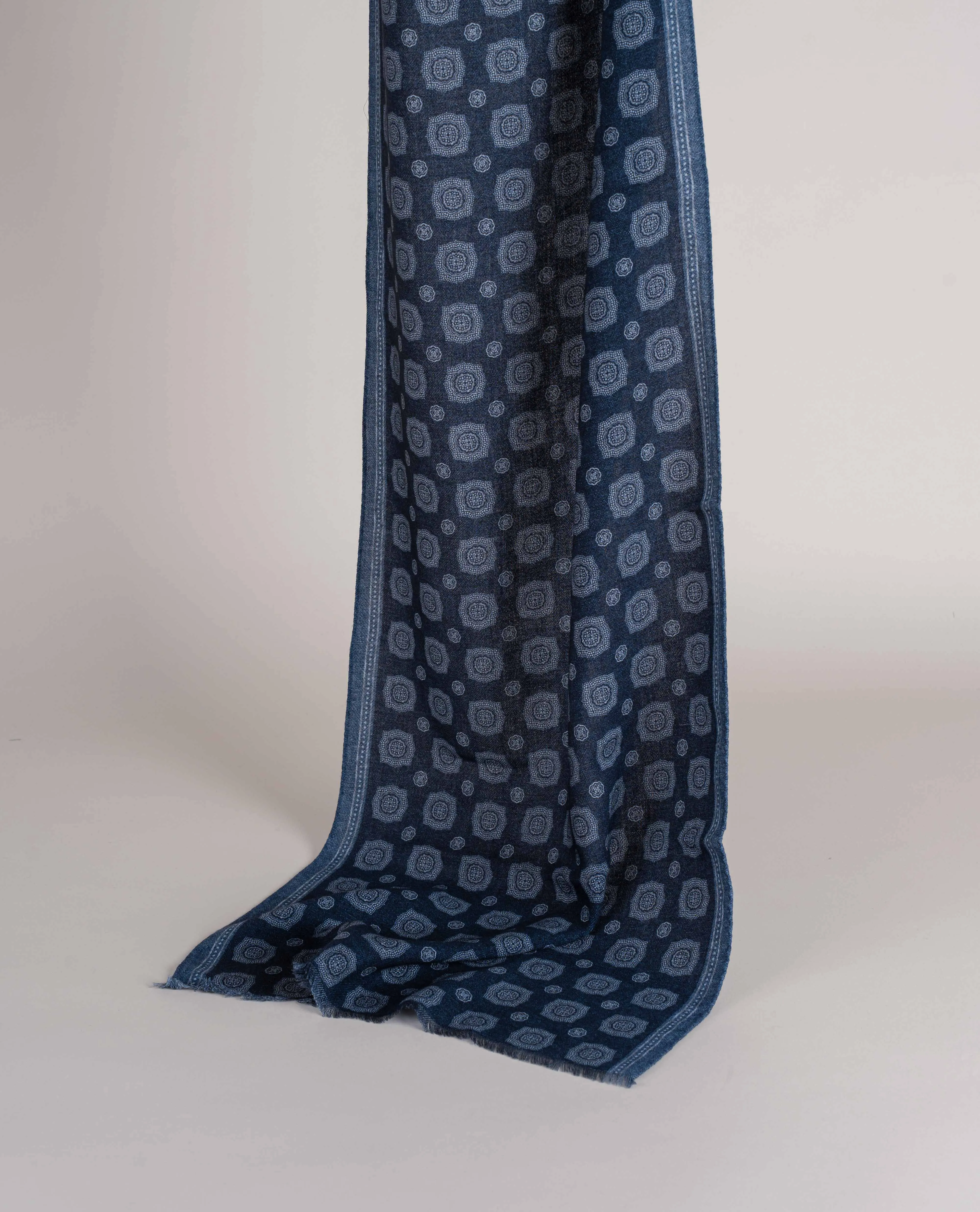 Wool Printed Scarf - Navy Blue Melange Medallion Print sold by Paolo Albizzati