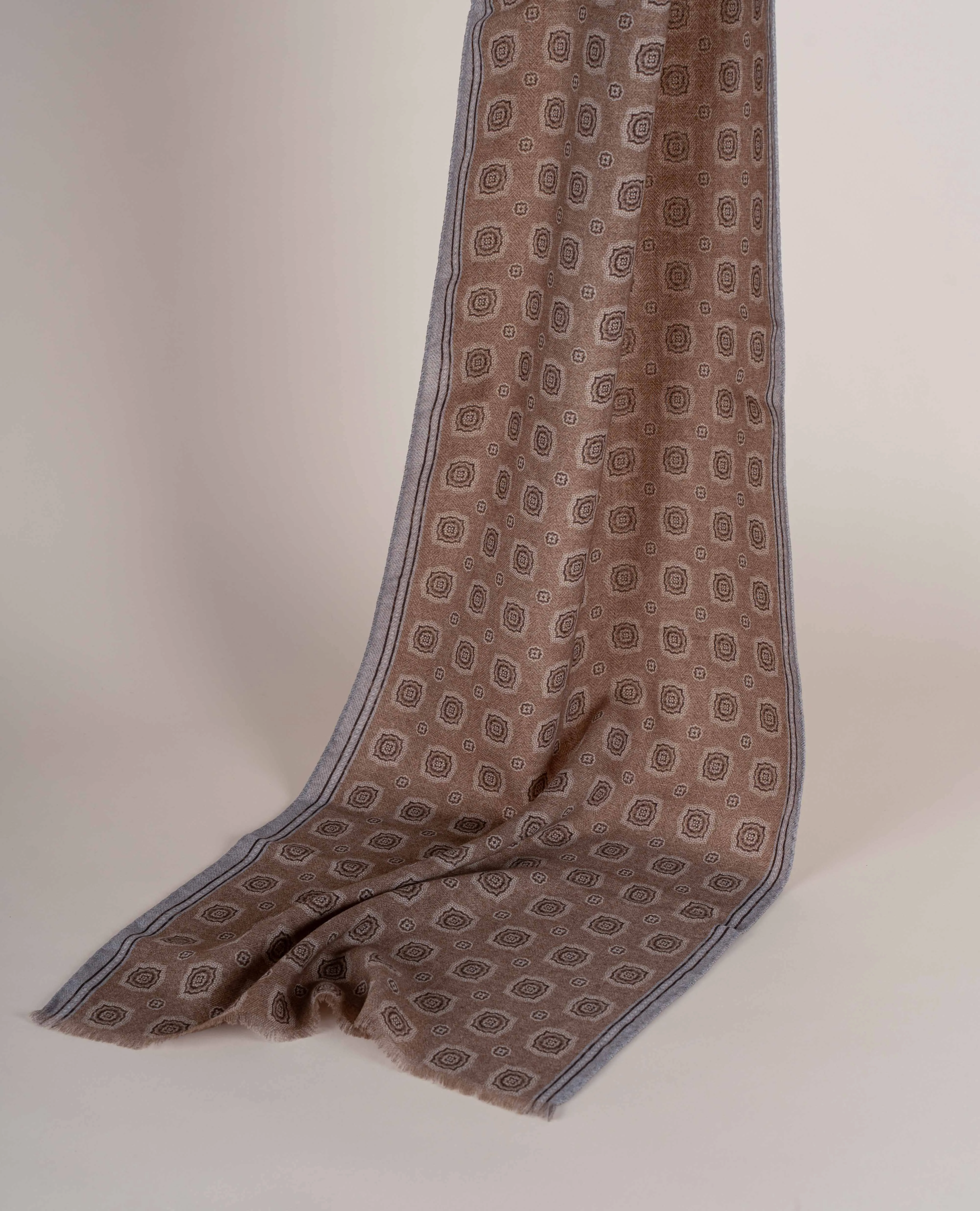 Wool Printed Scarf - Camel Beige Melange Medallion Print sold by Paolo Albizzati