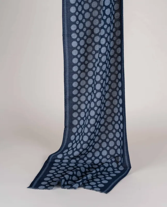 Wool Printed Scarf - Navy Blue Reversible Melange Medallion Print sold by Paolo Albizzati