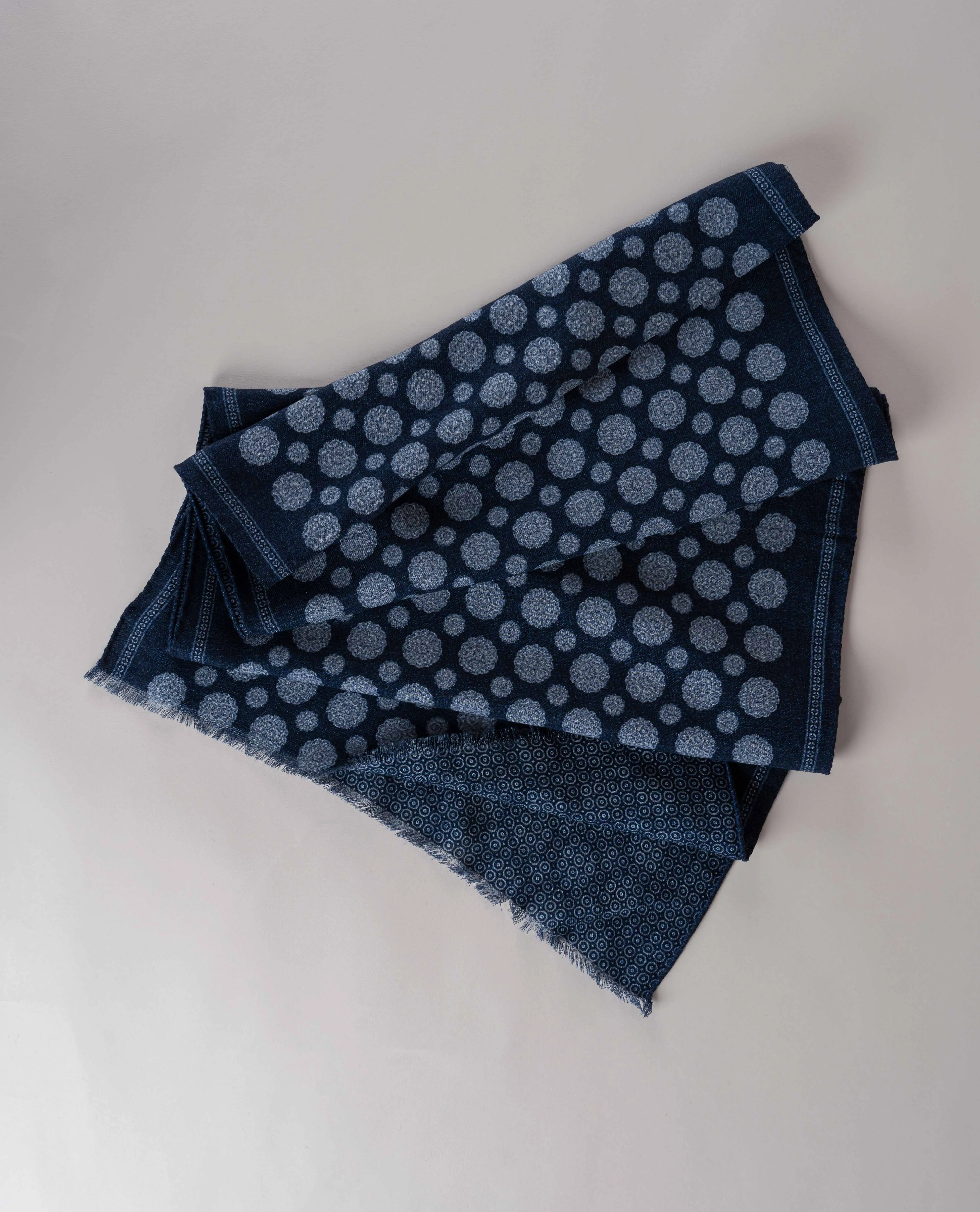 Wool Printed Scarf - Navy Blue Reversible Melange Medallion Print sold by Paolo Albizzati product image thumbnail 2