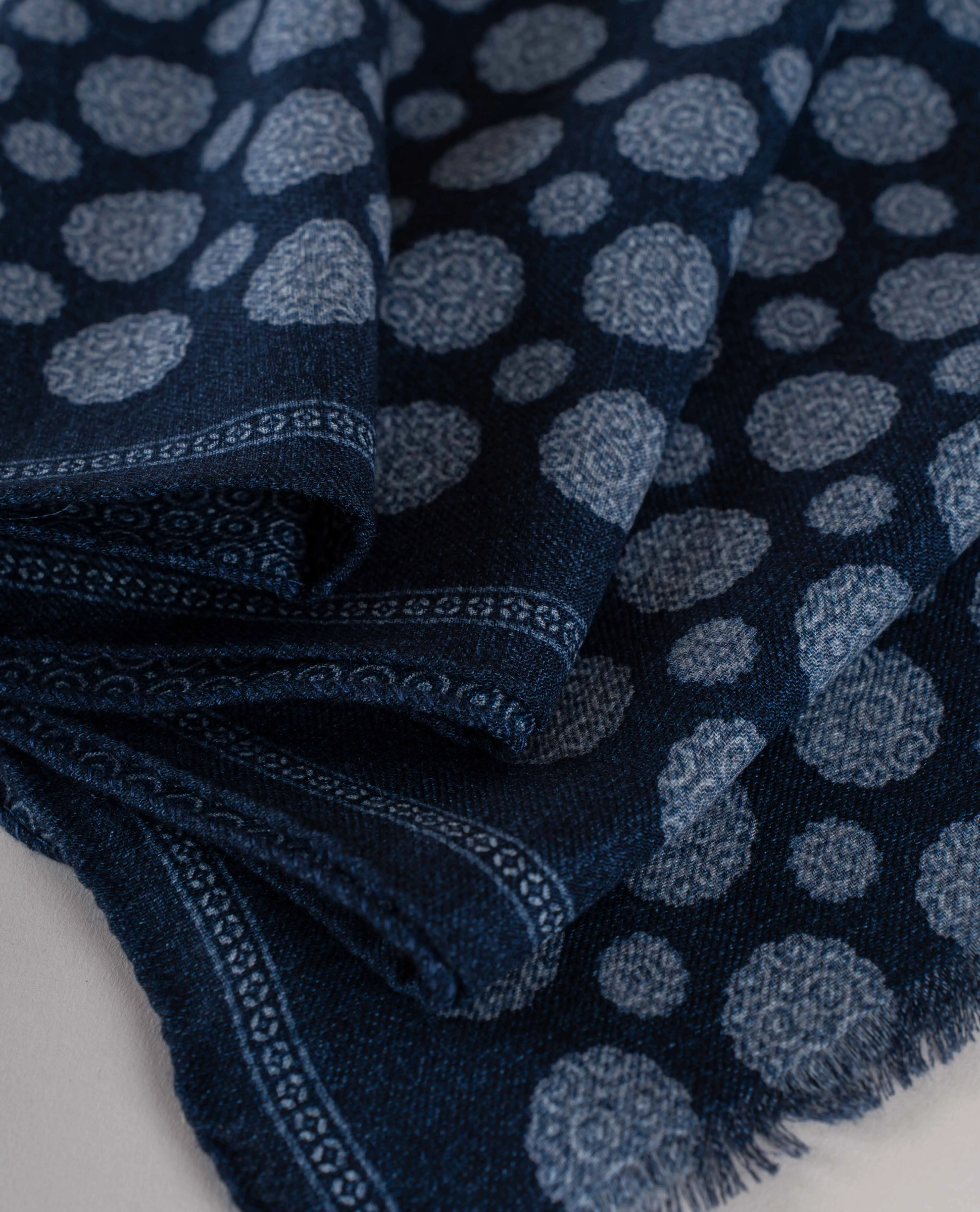 Wool Printed Scarf - Navy Blue Reversible Melange Medallion Print sold by Paolo Albizzati product image thumbnail 4