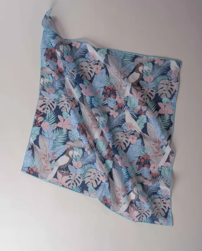 Bandana Scarf - Blue Jungle Motif Print Cotton sold by Paolo Albizzati