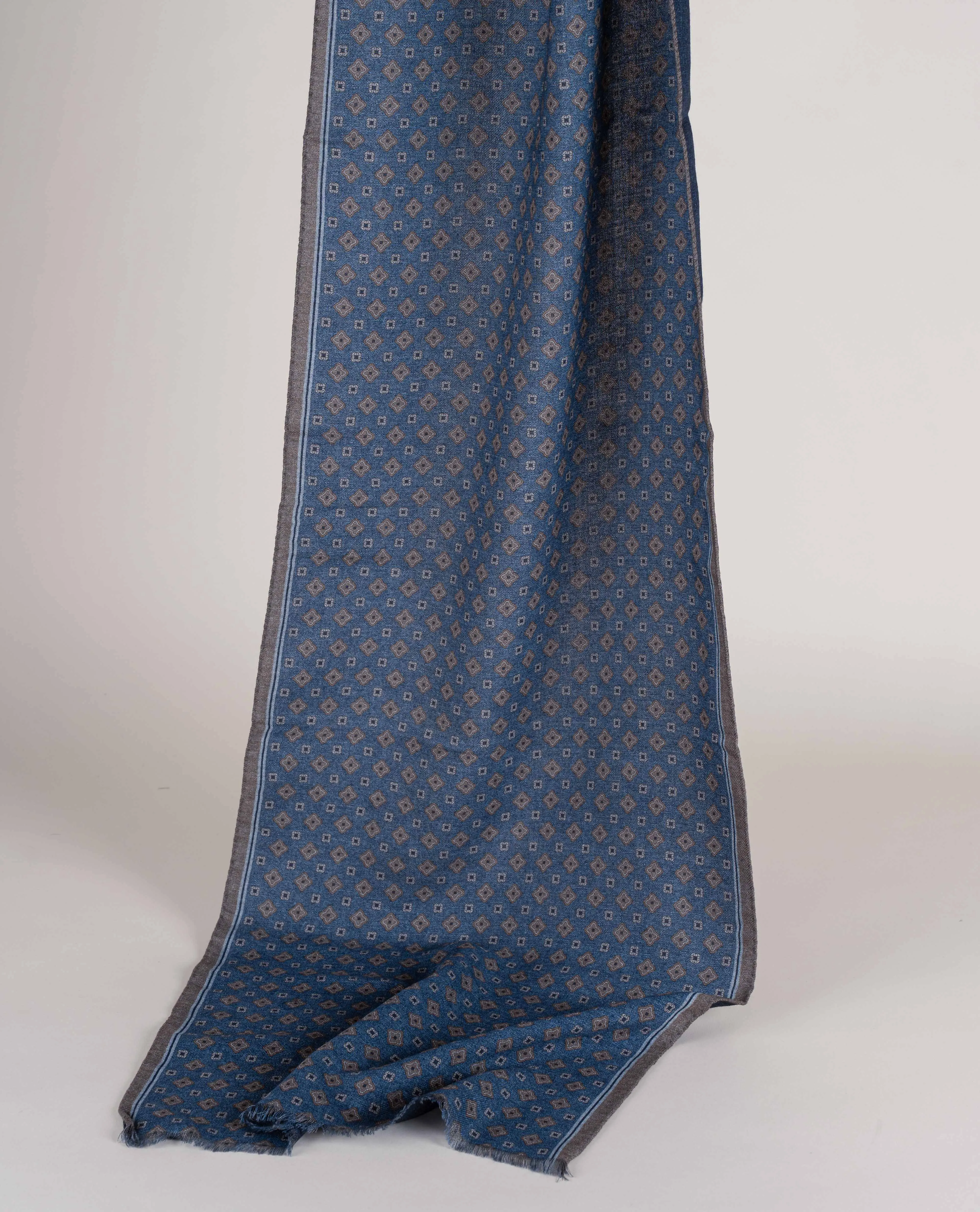 Wool Printed Scarf - Denim Blue Melange Medallion Print sold by Paolo Albizzati