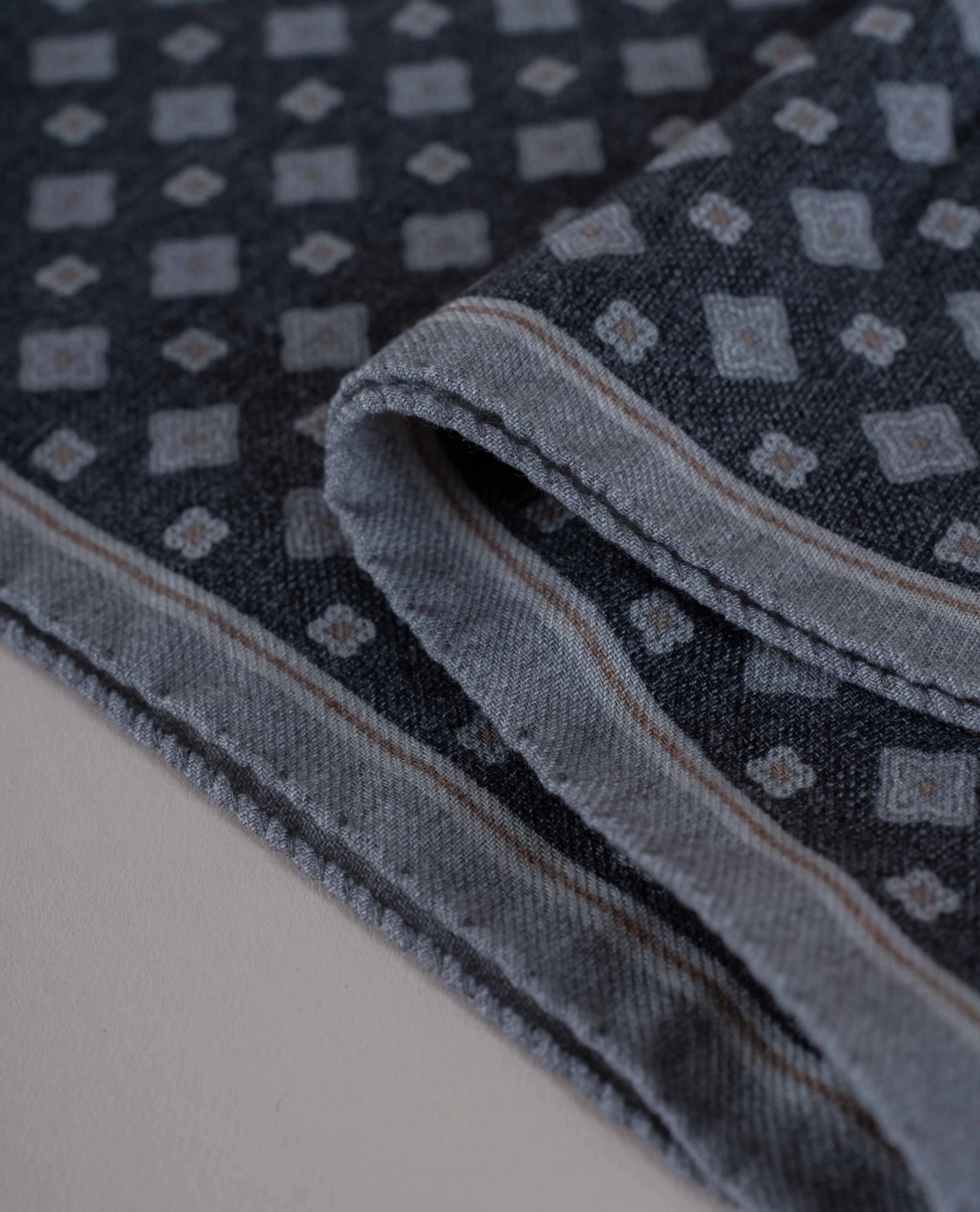 Wool Printed Scarf - Charcoal Grey Melange Medallion Print sold by Paolo Albizzati product image thumbnail 4