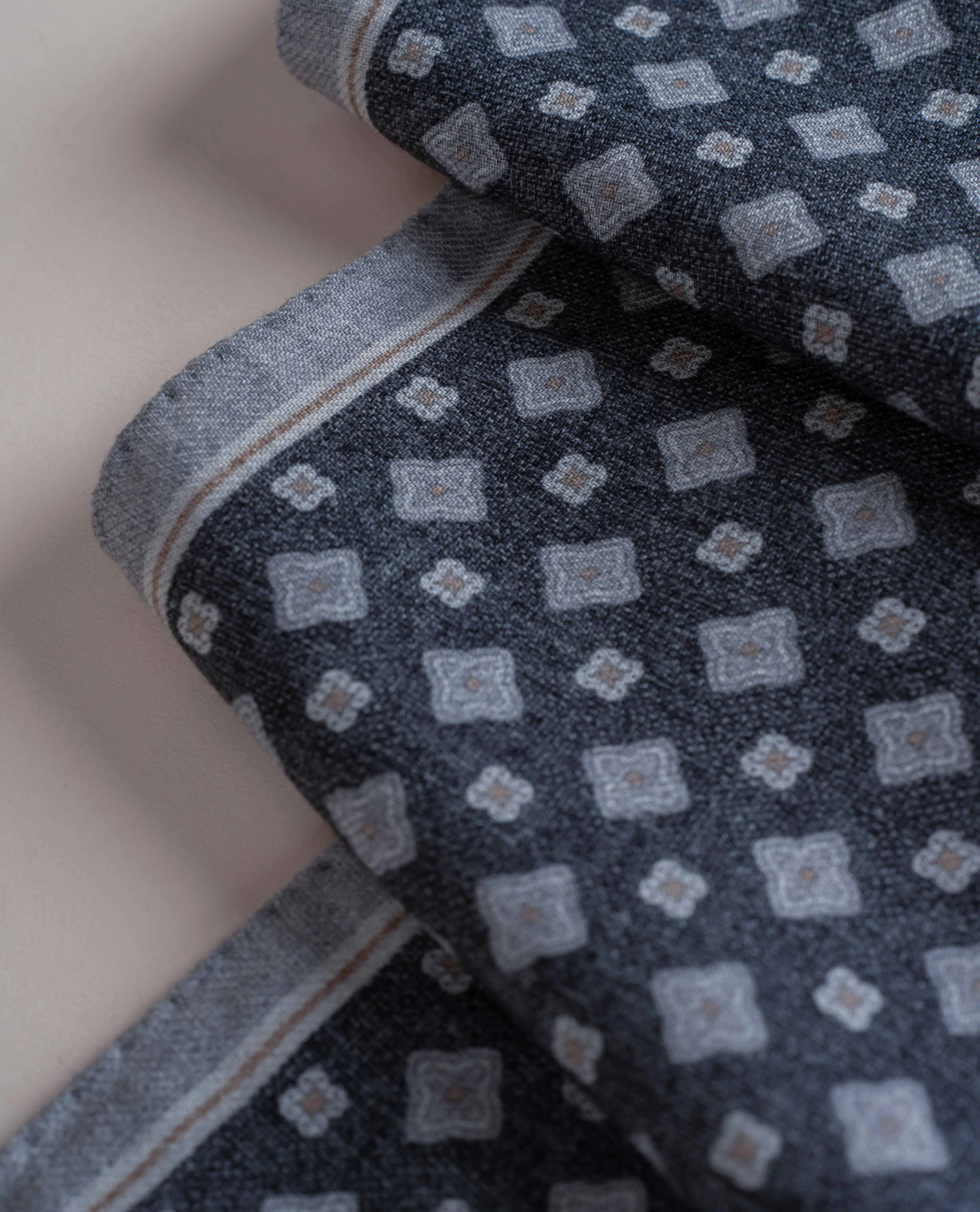 Wool Printed Scarf - Charcoal Grey Melange Medallion Print sold by Paolo Albizzati product image thumbnail 2