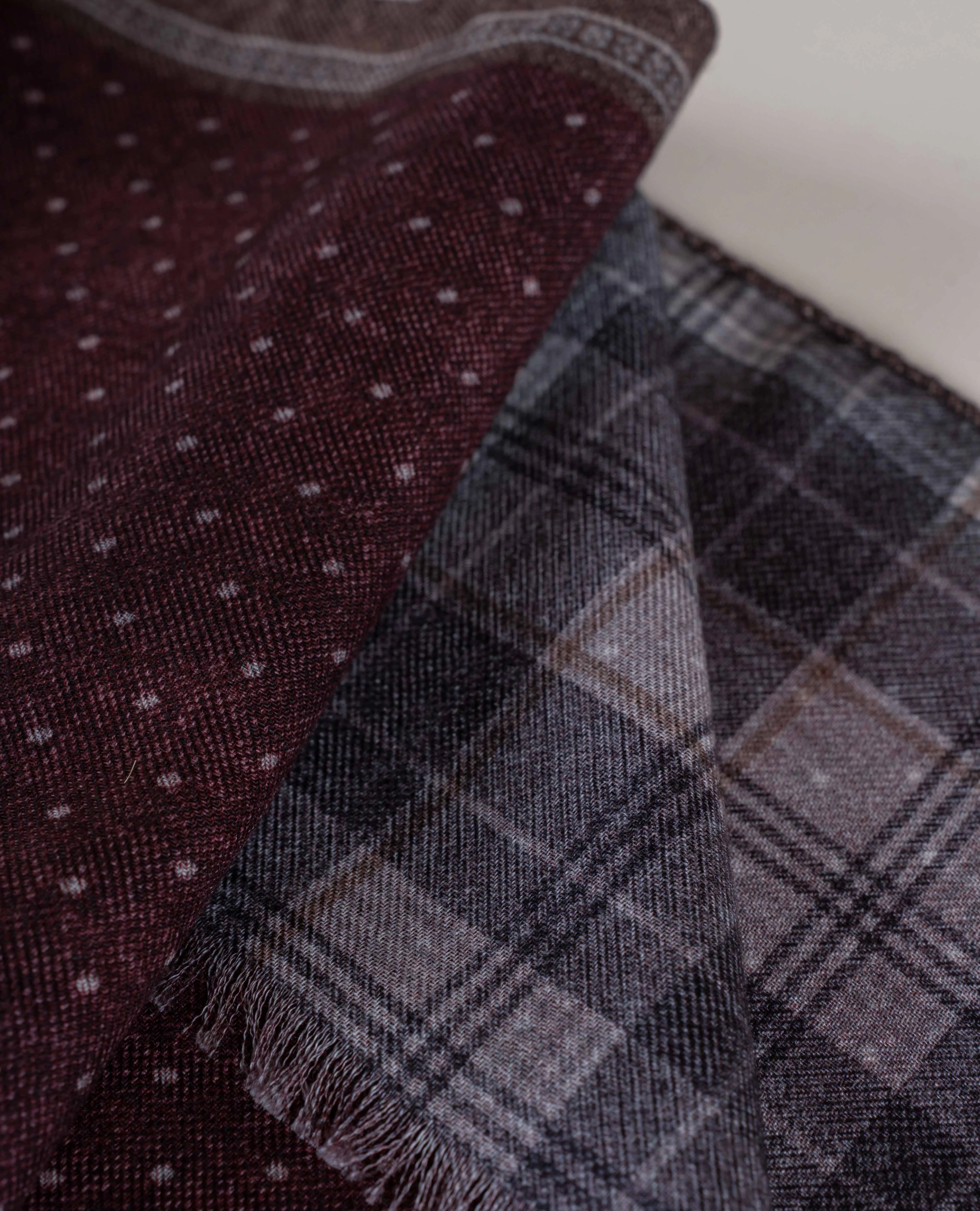 Wool Printed Scarf - Burgundy Check and Dotted Motif sold by Paolo Albizzati product image thumbnail 3