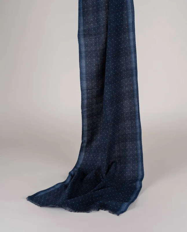 Wool Printed Scarf - Navy Blue Check and Dotted Motif sold by Paolo Albizzati