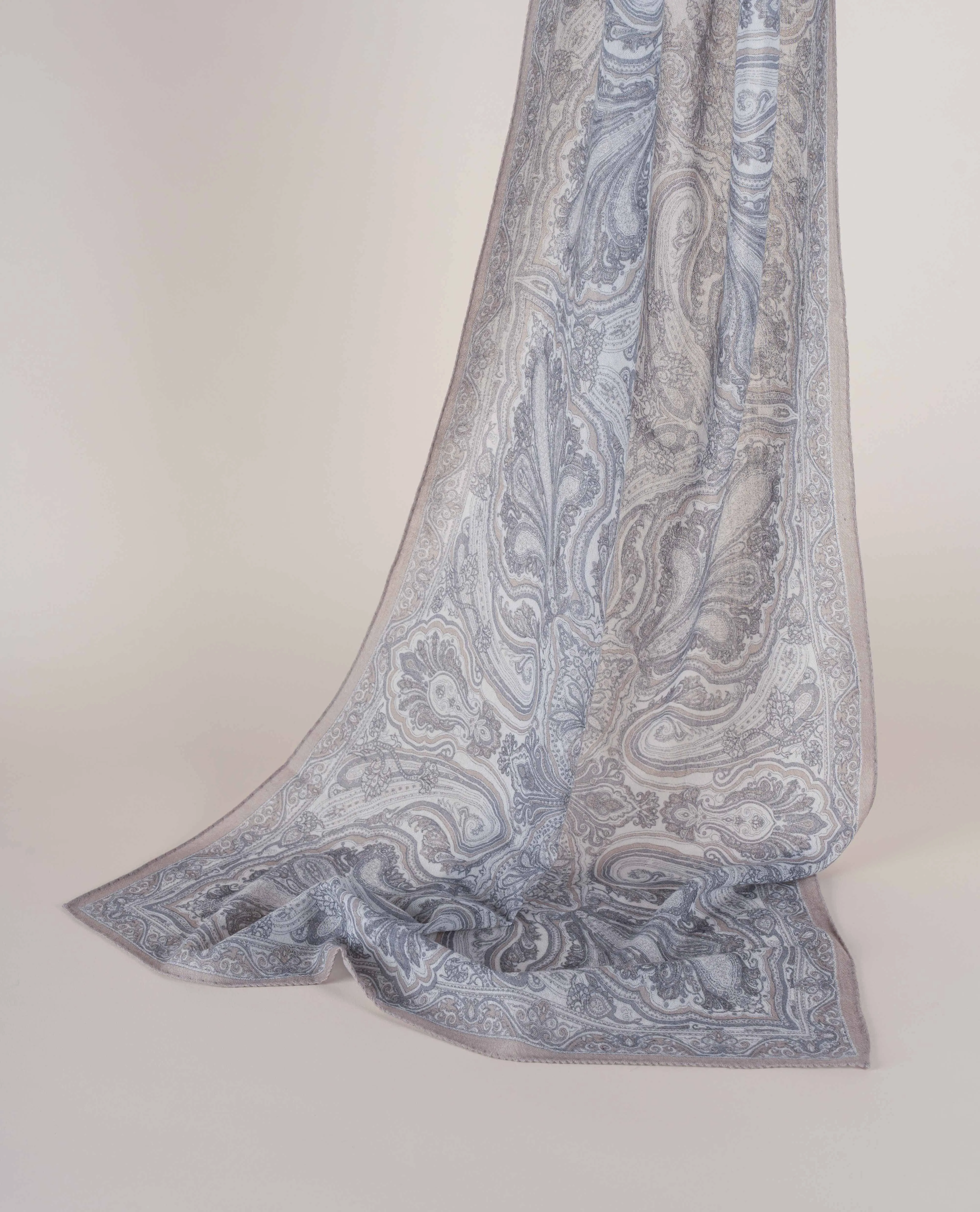 Printed Soft Wool Scarf - White and Grey Paisley sold by Paolo Albizzati
