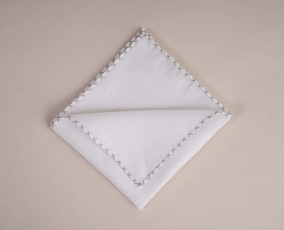 White Linen Pocket Square with Contrast Stitching - Grey sold by Paolo Albizzati