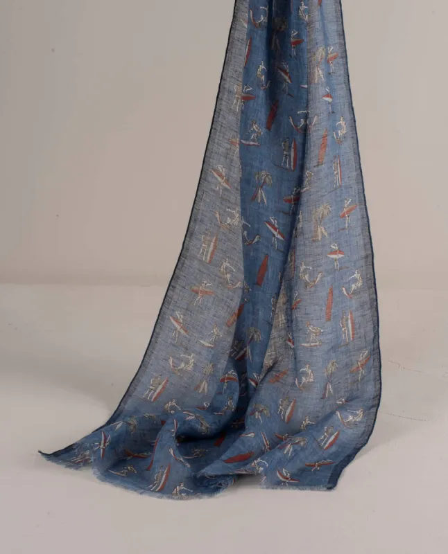 Linen Scarf - Denim Blue Surfing Motif sold by Paolo Albizzati