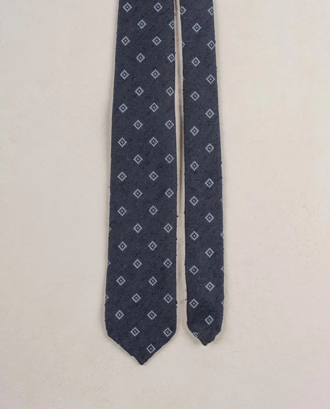 Navy Blue with Light Blue Micro Motif Shantung Silk Tie - Navy Blue sold by Paolo Albizzati