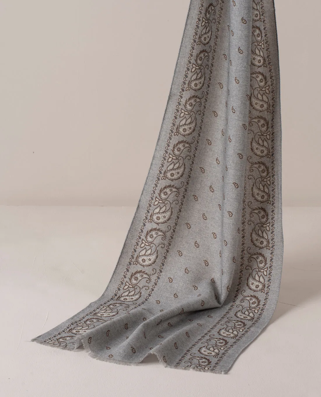 Wool Printed Scarf - Grey Melange Essential Paisley Motif sold by Paolo Albizzati