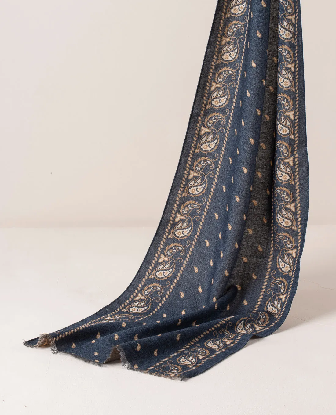 Wool Printed Scarf - Blue Melange Essential Paisley Motif sold by Paolo Albizzati